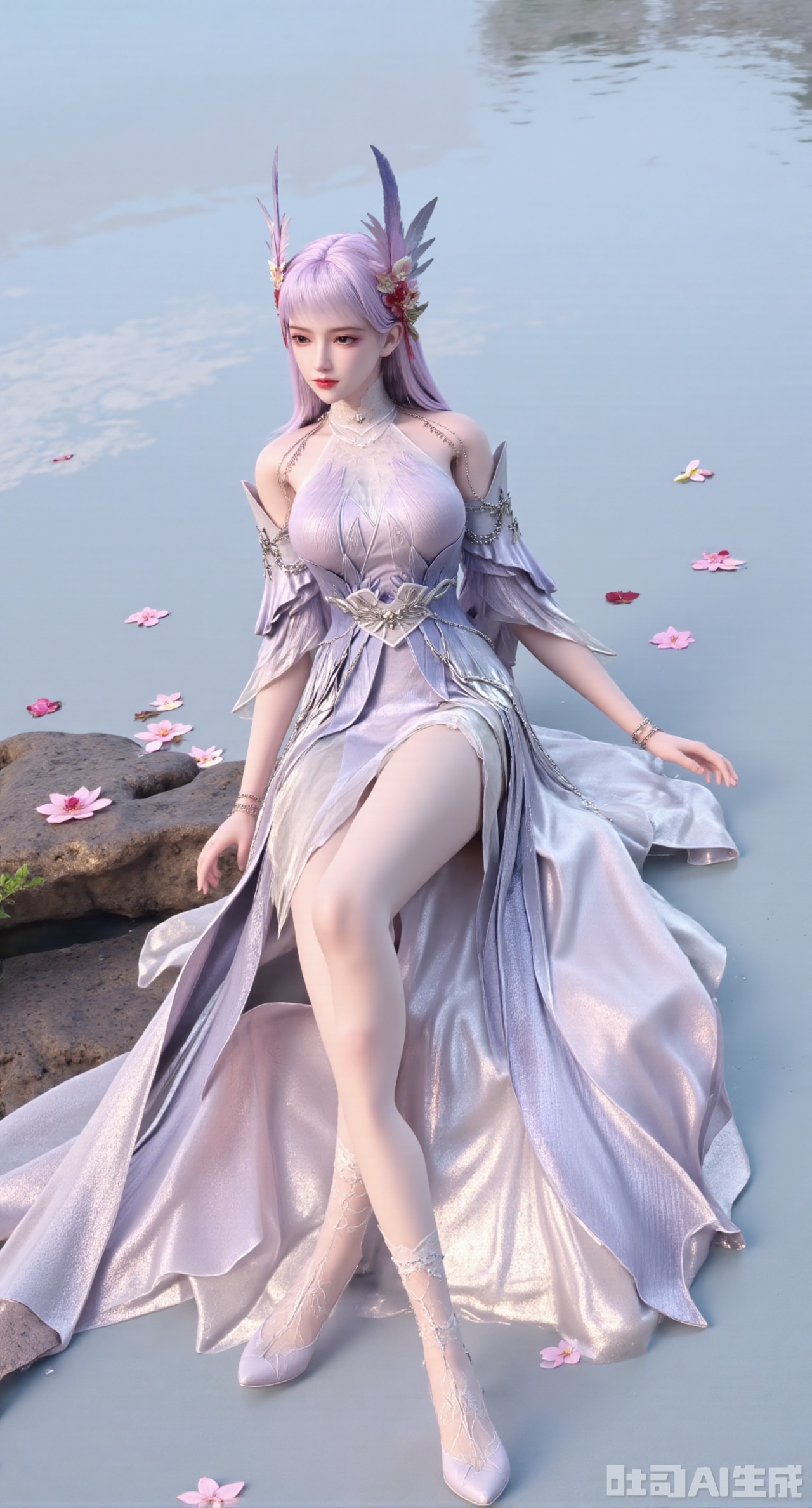 (masterpiece:1.2),best quality,1girl, solo, long hair, pruple hair, dress, sitting, full body, flower, sky, water, high heels, petals, bare legs, pink dress, white dress.,(huge breasts:2.99),(full breasts:2.99),,XyunxiaoYK,Xbigbreasts,Xrixirenxiangsheying,Xmengru,XfuqingyunY,Xfenhanfududou,Xhanfusiwa,Xsonghanfu,XshixiaoY,XyunwangshuY,XlinziyueYH,XtangzichenK
