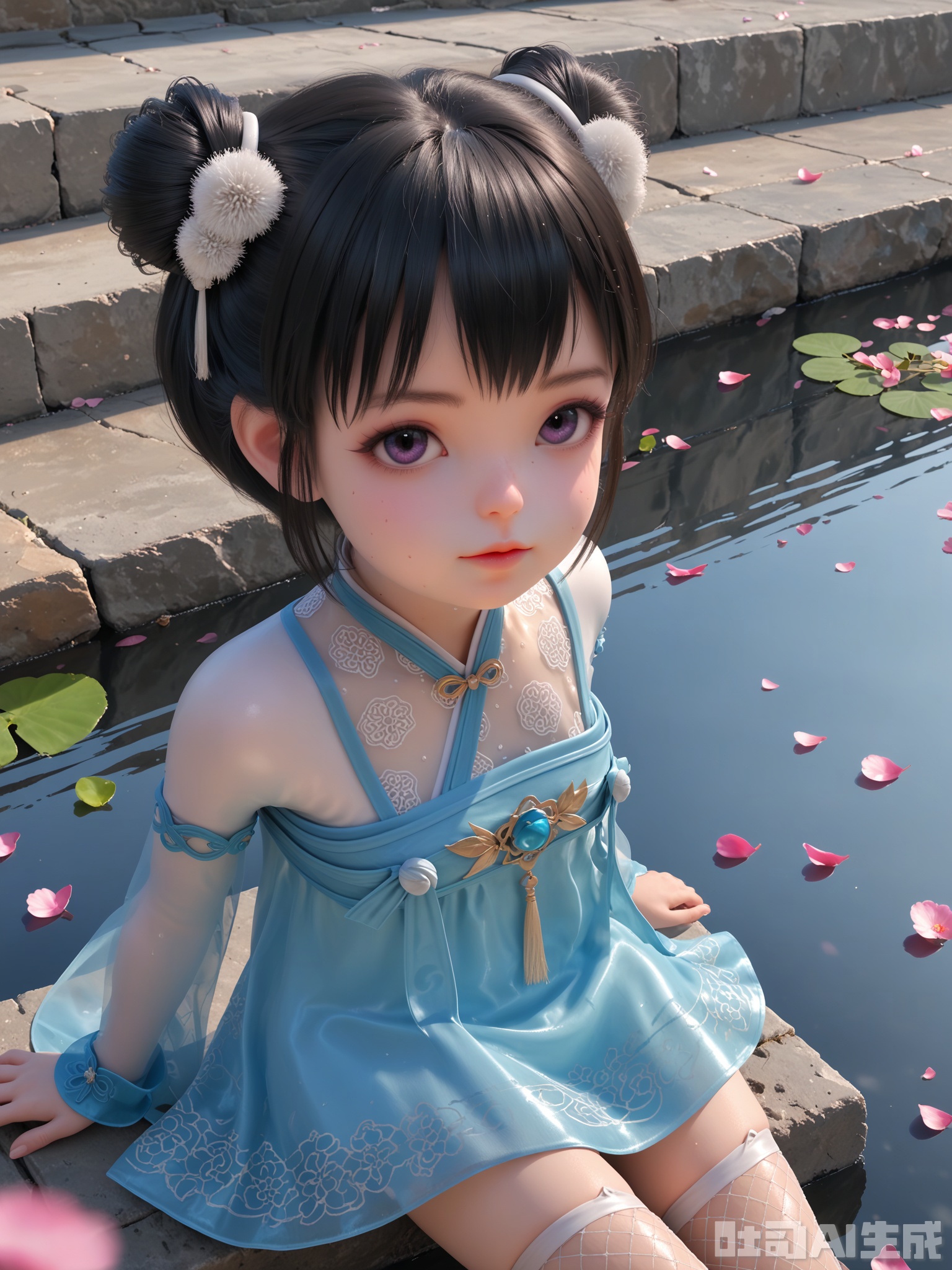 score_9,score_8_up,score_7_up,realistic,photorealistic,1girl,looking_at_viewer,realistic,1girl,Vivid Colors,bright environment,delicate water,hair_ornament,shiny skin,shiny hair,reflection,dress,flower sea,falling petals,extreme detail description,(upper body:0.3),put one hand on your side,long_hair,(skindentation:1.3),Fishnet stockings,bright,sunshine on face,light,sweating,dress,light,sitting_down,glowing,sunshine,bright,reflection,pale_skin,short hair,chinese clothes,child,loli,