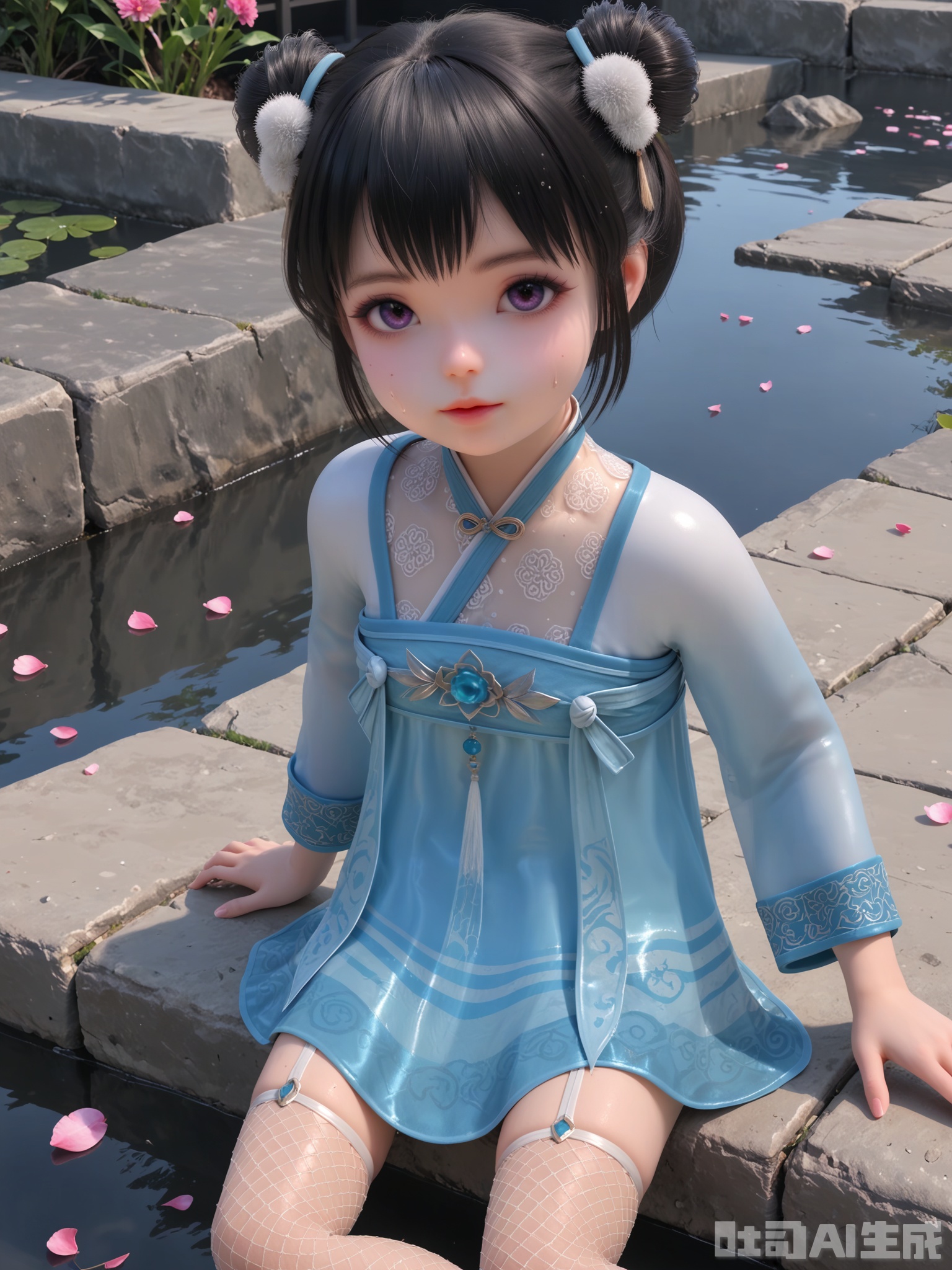 score_9,score_8_up,score_7_up,realistic,photorealistic,1girl,looking_at_viewer,realistic,1girl,Vivid Colors,bright environment,delicate water,hair_ornament,shiny skin,shiny hair,reflection,dress,flower sea,falling petals,extreme detail description,(upper body:0.3),put one hand on your side,long_hair,(skindentation:1.3),Fishnet stockings,bright,sunshine on face,light,sweating,dress,light,sitting_down,glowing,sunshine,bright,reflection,pale_skin,short hair,chinese clothes,child,loli,