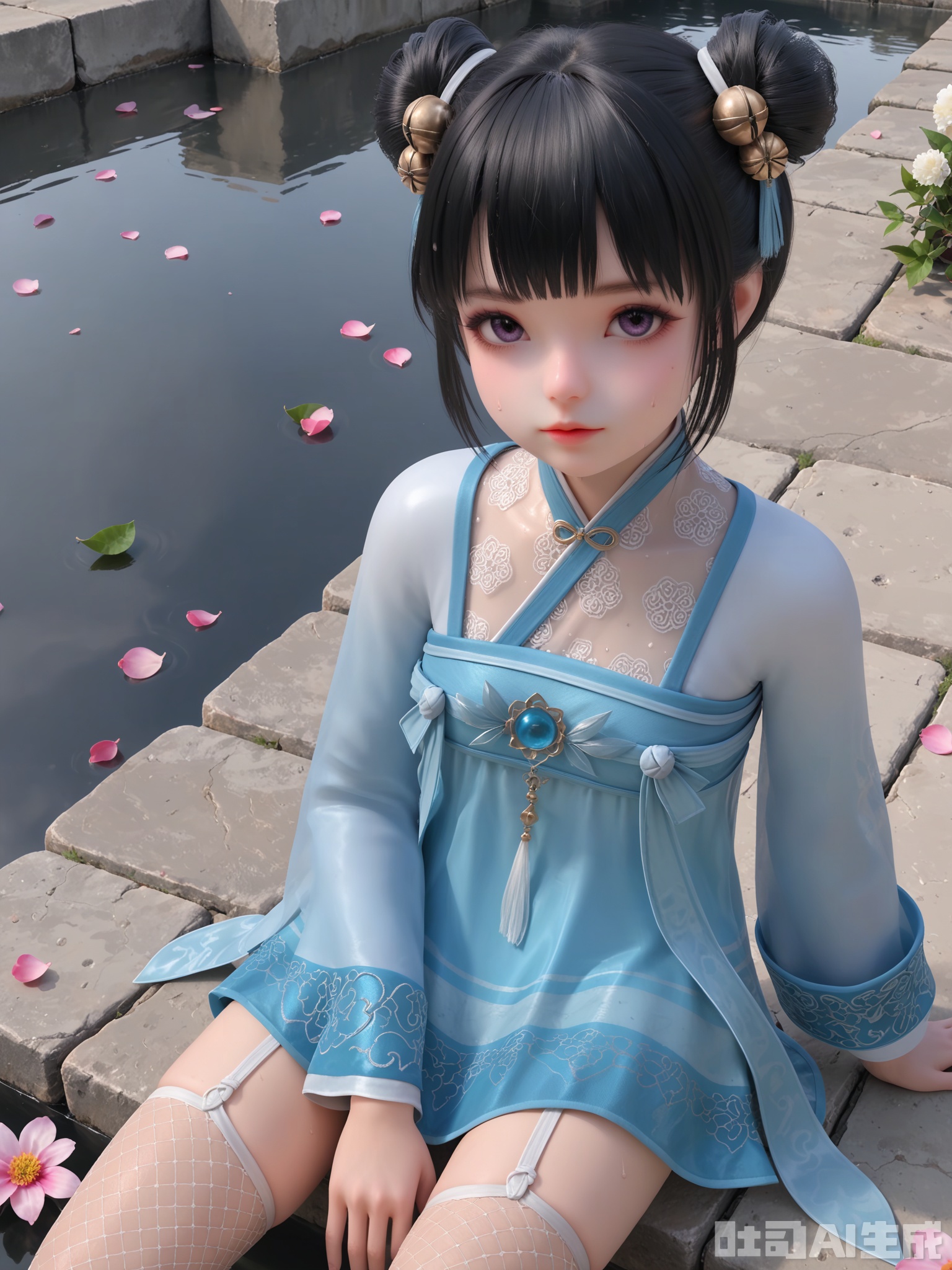 score_9,score_8_up,score_7_up,realistic,photorealistic,1girl,looking_at_viewer,realistic,1girl,Vivid Colors,bright environment,delicate water,hair_ornament,shiny skin,shiny hair,reflection,dress,flower sea,falling petals,extreme detail description,(upper body:0.3),put one hand on your side,long_hair,(skindentation:1.3),Fishnet stockings,bright,sunshine on face,light,sweating,dress,light,sitting_down,glowing,sunshine,bright,reflection,pale_skin,hair bun,bangs,black hair,fur trim,hair ornament,ribbon,double bun,hair ribbon,blunt bangs,hair bell,short hair,chinese clothes,