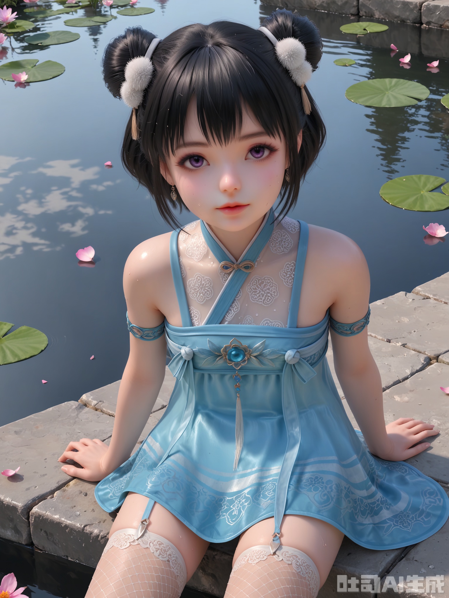 score_9,score_8_up,score_7_up,realistic,photorealistic,1girl,looking_at_viewer,realistic,1girl,Vivid Colors,bright environment,delicate water,hair_ornament,shiny skin,shiny hair,reflection,dress,flower sea,falling petals,extreme detail description,(upper body:0.3),put one hand on your side,long_hair,(skindentation:1.3),Fishnet stockings,bright,sunshine on face,light,sweating,dress,light,sitting_down,glowing,sunshine,bright,reflection,pale_skin,short hair,chinese clothes,