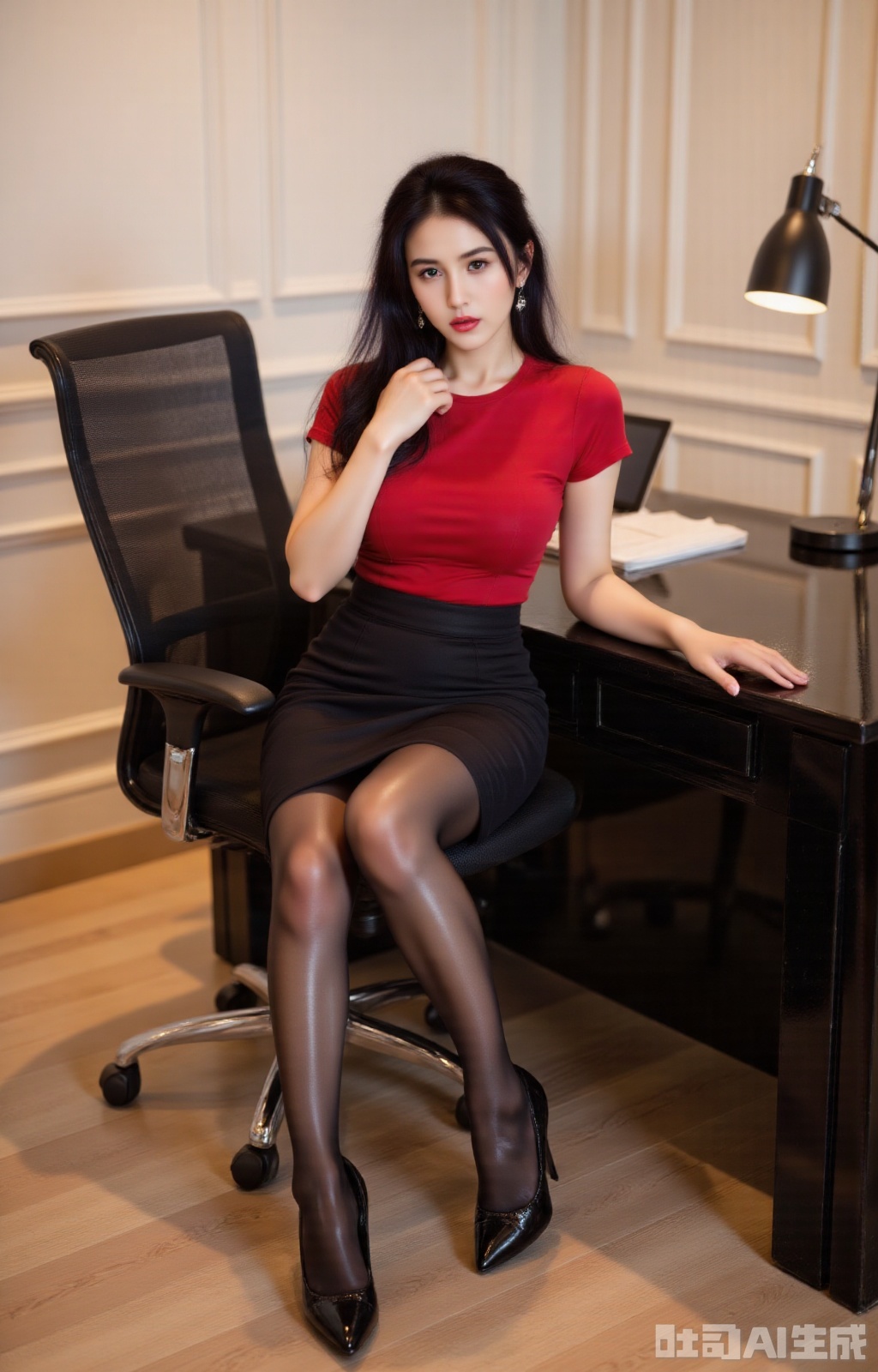 This is a high-resolution photo depicting an Asian woman posing seductively in an office setting. Her skin is fair and delicate, with long black curly hair cascading over her shoulders like a waterfall. She wears a form-fitting red T-shirt, paired with a slim black skirt that accentuates her slender legs, along with pure black pantyhose and black high heels. Leaning slightly against a black table, she places her right hand on the table edge while her left hand rests near her face, with the index finger gently touching her lips. Her expression exudes both charm and confidence. The background features a refined office interior: light wood flooring and white wall paneling. A black office chair with a mesh backrest and armrests sits on the left side of the image. On the table, a modern black table lamp with a white lampshade casts warm light, accompanied by a laptop and several documents. The overall environment is modern and elegant..photo taken with a Canon EOS R6 Mark II Mirrorless camera in the style of 35mm f/8 aperture, intricate details.dlrb,hsw,wet,water,large natural breast,soft breasts,zlyhuge Breasts