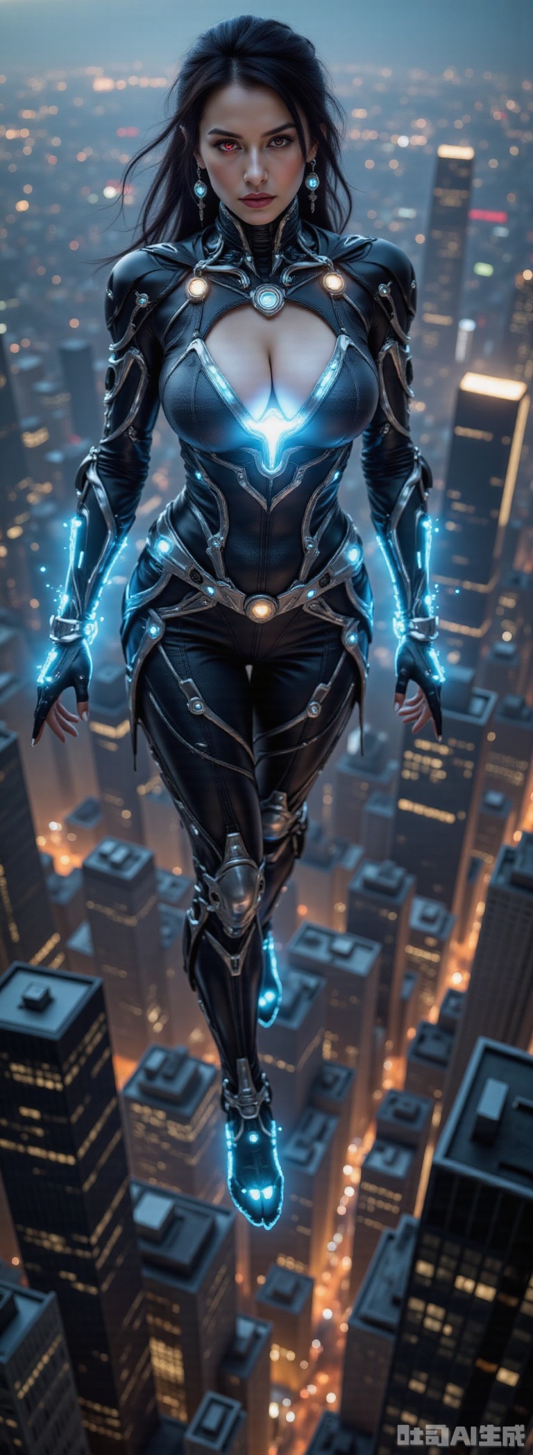 Superwoman, her entire body intricately modified with mechanical enhancements, hovers above the bustling skyline of New York City. Her metallic limbs and glowing red eyes contrast sharply against the night sky, casting eerie shadows upon the skyscrapers below. A fusion of advanced technology and classic superhero aesthetics, this figure exudes a sense of awe and unease. The composition of this picture is dynamic with Superman in the center, while the cityscape forms an intricate backdrop. The perspective structure is aerial, capturing the vastness of New York from above. Her mechanical enhancements include robotic wings that enable flight and glowing blue energy emanating from her chest, reminiscent of a high-tech Kryptonian power source. The scene is set during twilight, with soft ambient light reflecting off the city's buildings and creating a dramatic interplay between light and shadow. In this moment, Superman's primary action involves a subtle but powerful gesture – one arm extended towards a distant horizon, symbolizing his protection over humanity despite his altered form. This scene evokes feelings of both admiration and fear, inviting viewers to ponder the future direction of superhero legends in an increasingly technological world. The painting style is inspired by cyberpunk aesthetics with dark tones and vivid neon accents, paying homage to artists such as Syd Mead and H.R. Giger while also drawing from contemporary digital art trends seen on platforms like Pinterest and MidJourney. The overall effect aims to be visually stunning and thought-provoking, blending classic superhero imagery with futuristic technology in a way that is both beautiful and unsettling.,large natural breast,soft breasts,dlrb,qihuanmopan,hkgod,mohuan,huge Breasts,cleavage