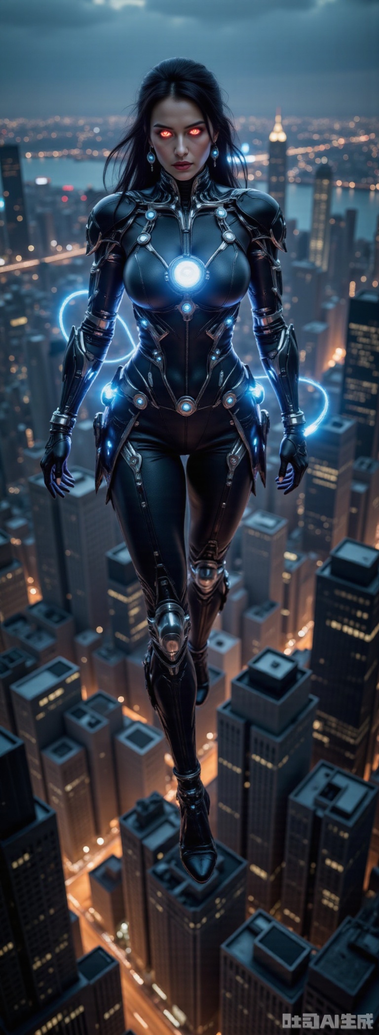 Superwoman, her entire body intricately modified with mechanical enhancements, hovers above the bustling skyline of New York City. Her metallic limbs and glowing red eyes contrast sharply against the night sky, casting eerie shadows upon the skyscrapers below. A fusion of advanced technology and classic superhero aesthetics, this figure exudes a sense of awe and unease. The composition of this picture is dynamic with Superman in the center, while the cityscape forms an intricate backdrop. The perspective structure is aerial, capturing the vastness of New York from above. Her mechanical enhancements include robotic wings that enable flight and glowing blue energy emanating from her chest, reminiscent of a high-tech Kryptonian power source. The scene is set during twilight, with soft ambient light reflecting off the city's buildings and creating a dramatic interplay between light and shadow. In this moment, Superman's primary action involves a subtle but powerful gesture – one arm extended towards a distant horizon, symbolizing his protection over humanity despite his altered form. This scene evokes feelings of both admiration and fear, inviting viewers to ponder the future direction of superhero legends in an increasingly technological world. The painting style is inspired by cyberpunk aesthetics with dark tones and vivid neon accents, paying homage to artists such as Syd Mead and H.R. Giger while also drawing from contemporary digital art trends seen on platforms like Pinterest and MidJourney. The overall effect aims to be visually stunning and thought-provoking, blending classic superhero imagery with futuristic technology in a way that is both beautiful and unsettling.,large natural breast,soft breasts,dlrb,qihuanmopan,hkgod,mohuan,huge Breasts,cleavage