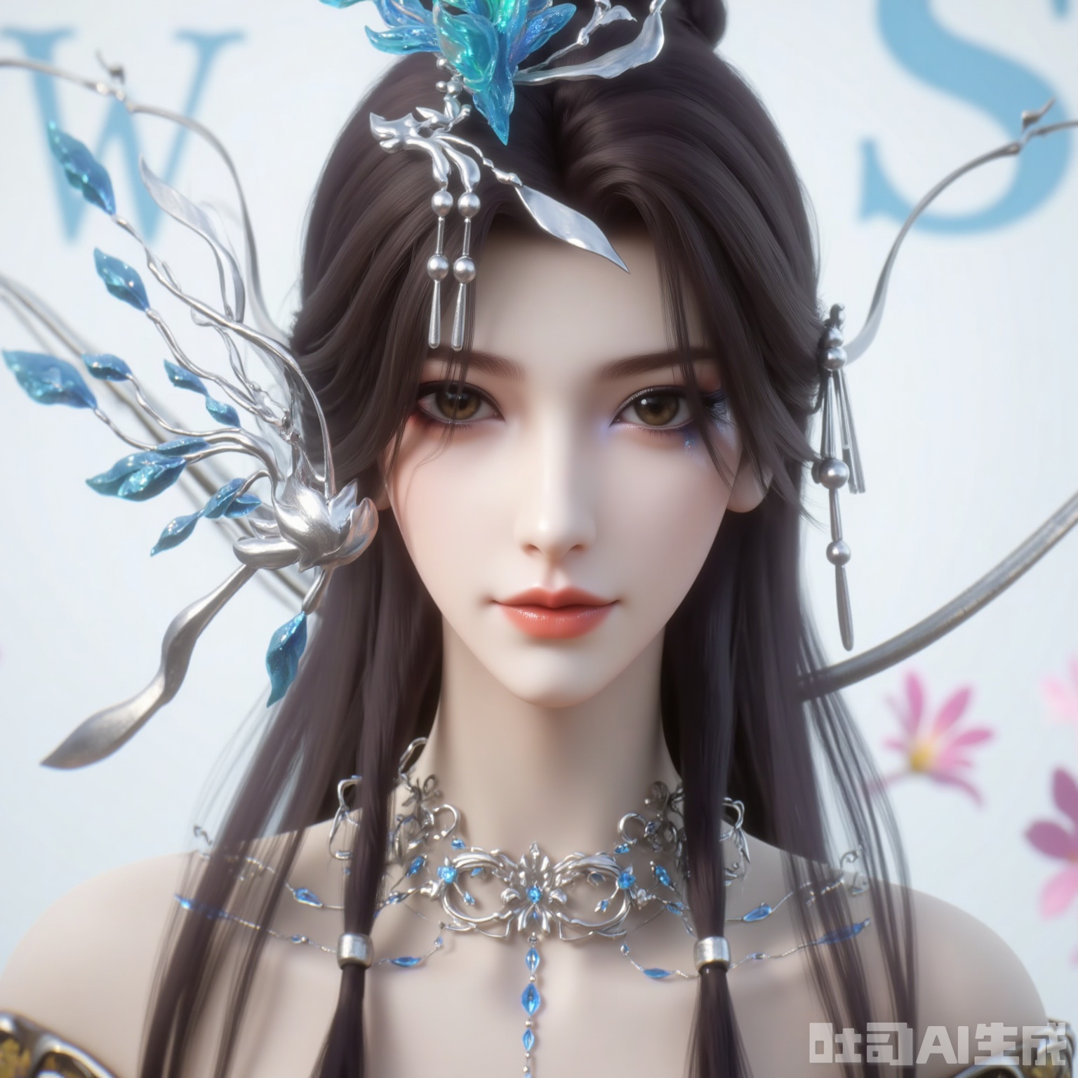 Realistic digital artwork of a young woman with long black hair, gorgeous silver jewelry and intricate foliage-like decorations. Her skin is smooth, with a soft, radiant complexion and an almost otherworldly look
She wore gorgeous golden and blue fantasy costumes, with complex designs, and her artistic style was reminiscent of fantasy anime with a dreamy, otherworldly beauty.
The background is a white wall with light blue letters "W" and "S", with pink flowers and falling petals in the upper right corner. The simple background highlights the main character, while the pink flowers add a romantic and soft atmosphere.
