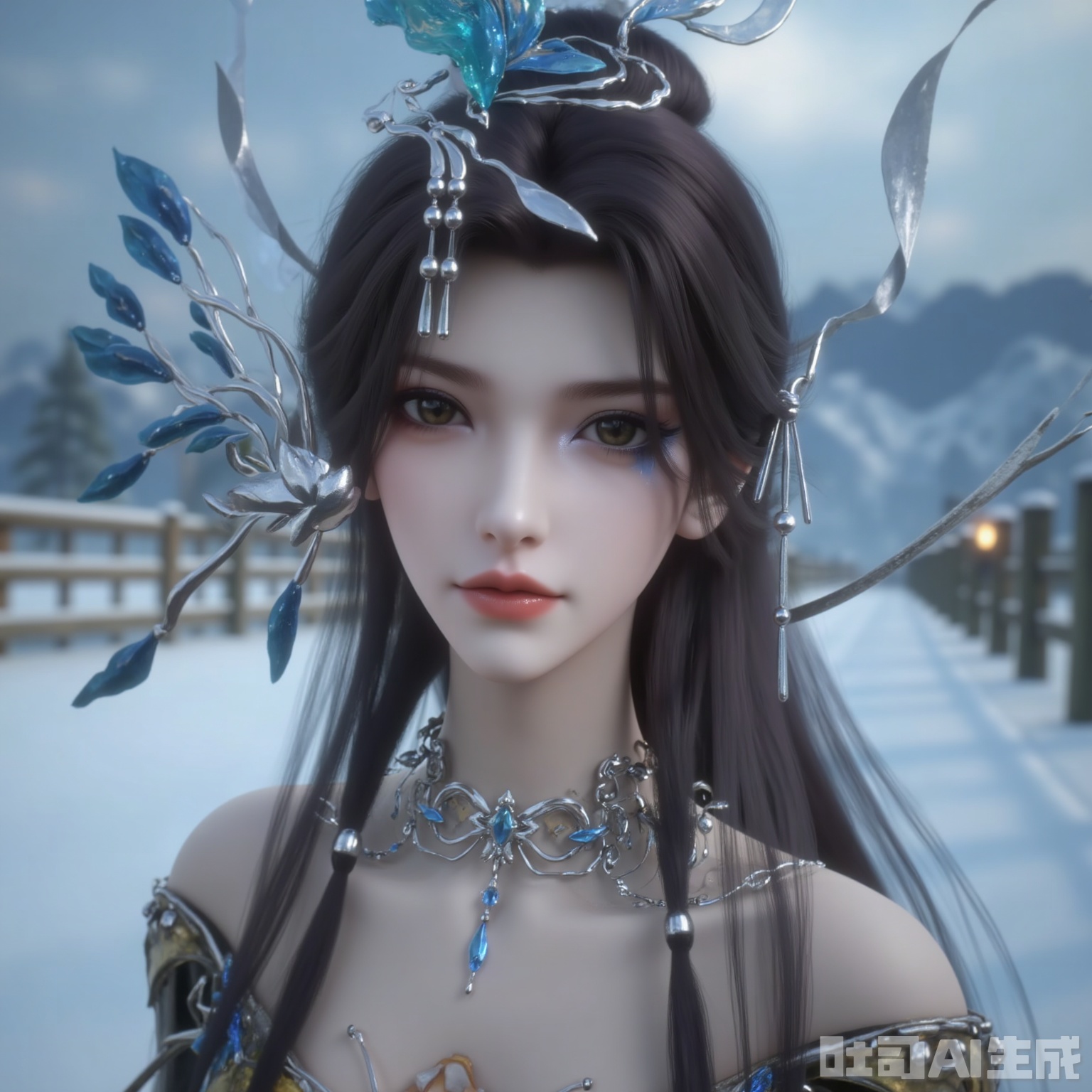 Realistic digital artwork of a young woman with long black hair, gorgeous silver jewelry and intricate foliage-like decorations. Her skin is smooth, with a soft, radiant complexion and an almost otherworldly look
She wore gorgeous golden and blue fantasy costumes, with complex designs, and her artistic style was reminiscent of fantasy anime with a dreamy, otherworldly beauty.
The background is a scene covered with snow, you can see wooden fences, dead trees, and continuous mountains in the distance. The gloomy sky and snow scenes jointly create a quiet and cold environment, highlighting the character's expression and temperament