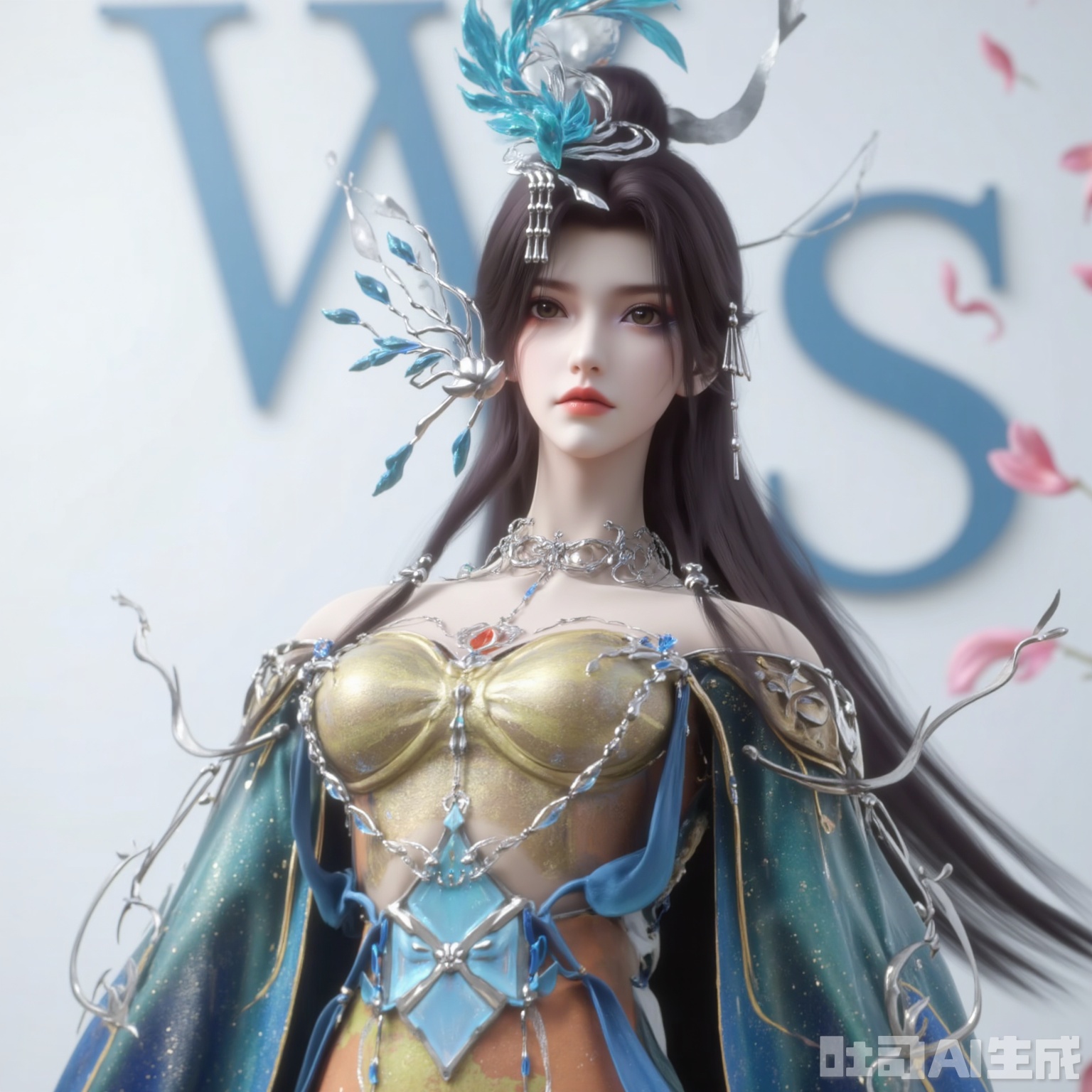 "This is an amazing, very detailed CGI artwork, with a beautiful Asian woman with long black hair and complex, gorgeous silver and turquoise jewelry.
She wore a delicate, flowing green and gold robe with delicate patterns and a turtle collar. The art style is filled with fantasy elements, emphasizing elegance and sophistication. "
The background is a white wall with light blue letters "W" and "S", with pink flowers and falling petals in the upper right corner. The simple background highlights the main character, while the pink flowers add a romantic and soft atmosphere.