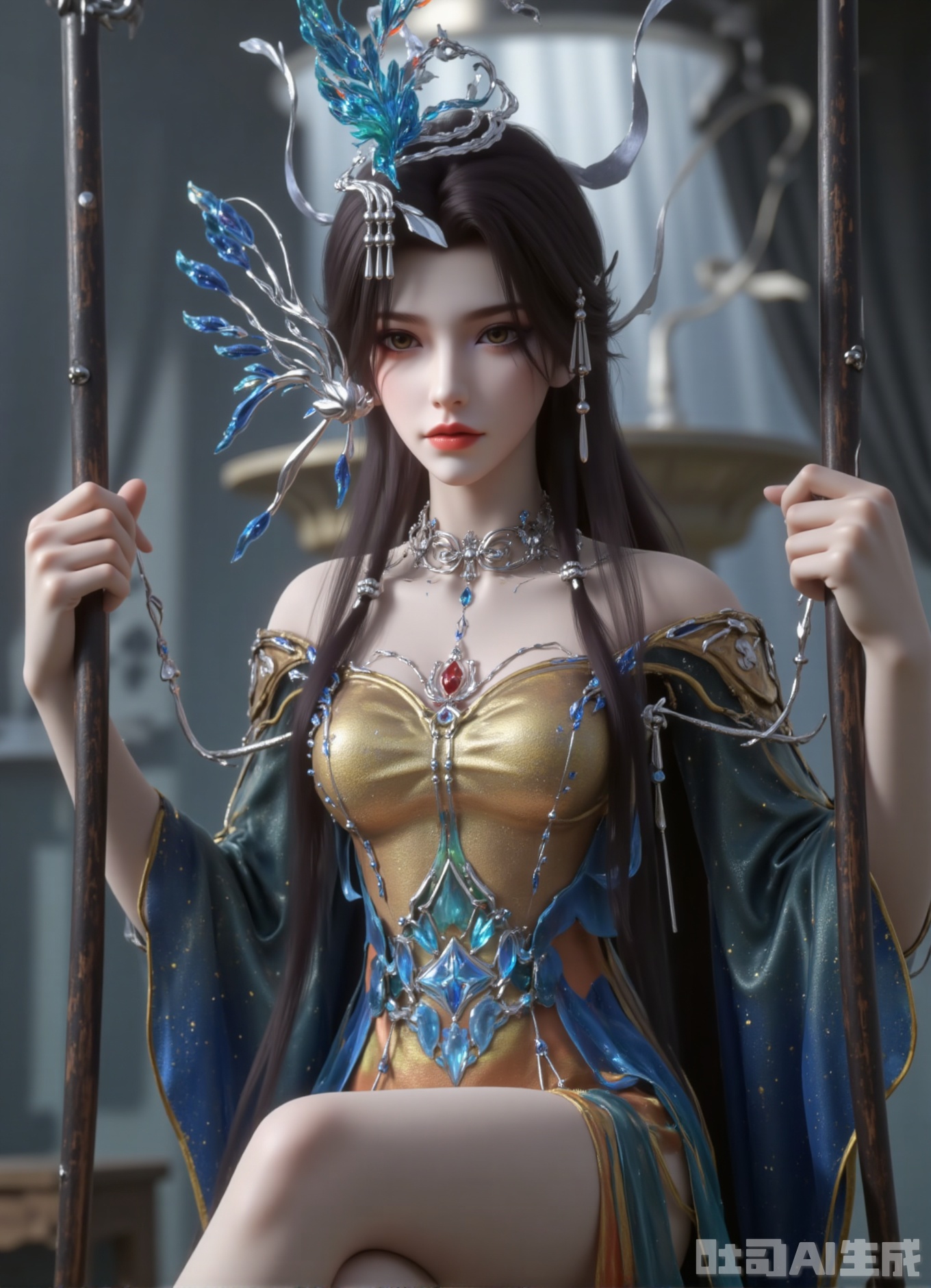 The whole body of a real young woman is like a digital work of art, with long black hair, gorgeous silver jewelry and intricate foliage-like decorations. Her skin is smooth, soft and radiant, and she looks almost extraordinary.
Sitting on a wooden swing, she grabbed the sides of the swing with her hands, wearing gorgeous golden and blue fantasy costumes, as well as ancient Chinese sandals, the intricate design and artistic style reminiscent of fantasy anime with a dreamy and otherworldly beauty.
The background is the bokeh of the Baroque fountain and the frightening blue glitter butterflies. 3D rendering highlights the clever shine of taffeta and the nebula delivery effect of tulle. Each butterfly wing reflects the moonlight in proportion to form a dynamic light spot