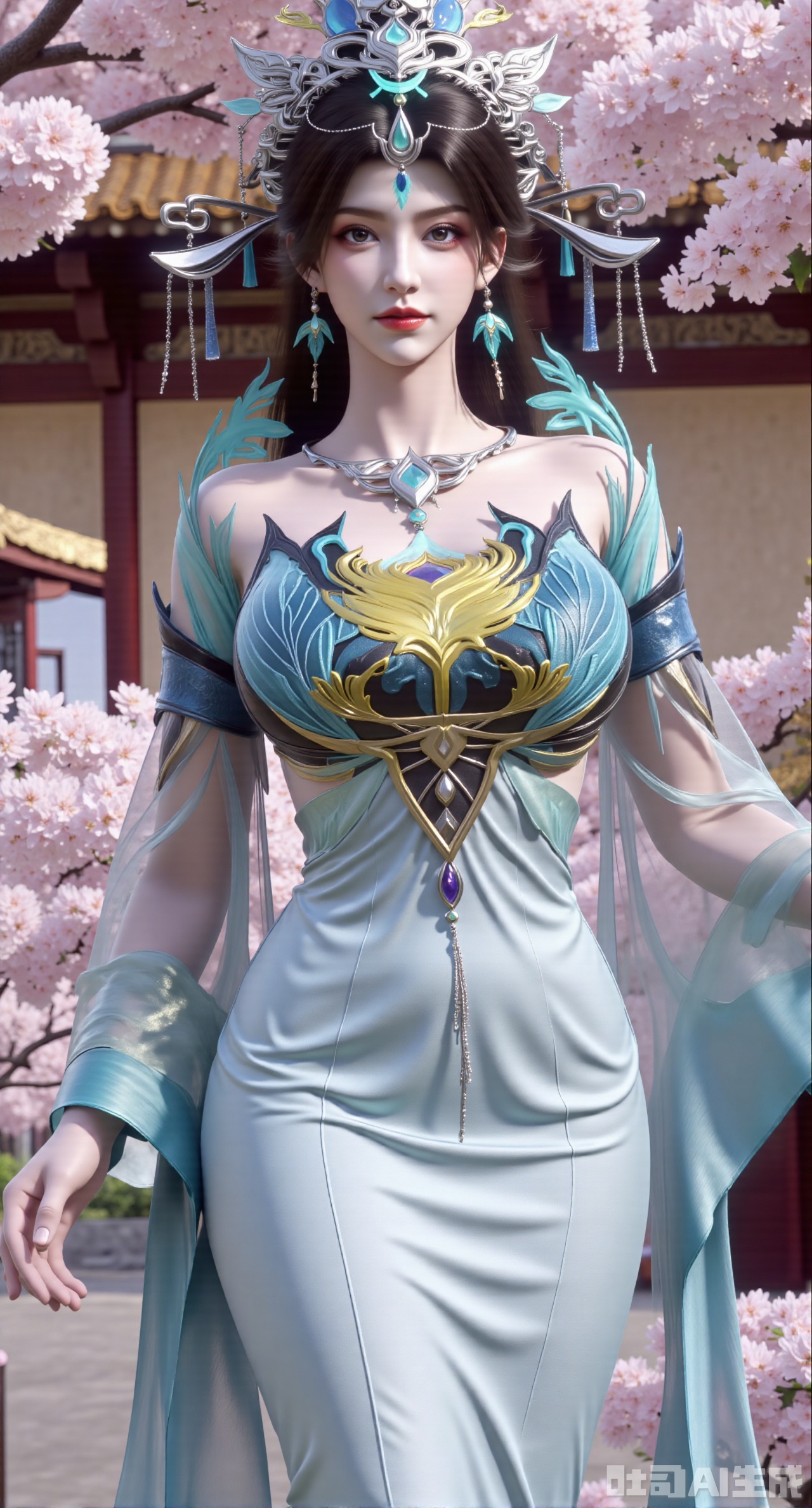  (masterpiece, best quality:1.2),1girl, solo, long hair, breasts, looking at viewer, large breasts, hair ornament, dress, bare shoulders, jewelry, purple eyes, long hair, flower, earrings, outdoors, parted lips, necklace, hand on hip, petals, hanfu dress, cherry blossoms, long dress, architecture, east asian architecture, falling petals,(gigantic breasts:2.99),(full breasts:2.99),Xhanfududou,Xsongzhihanfu,Xlujiajia,Xyanqingfei