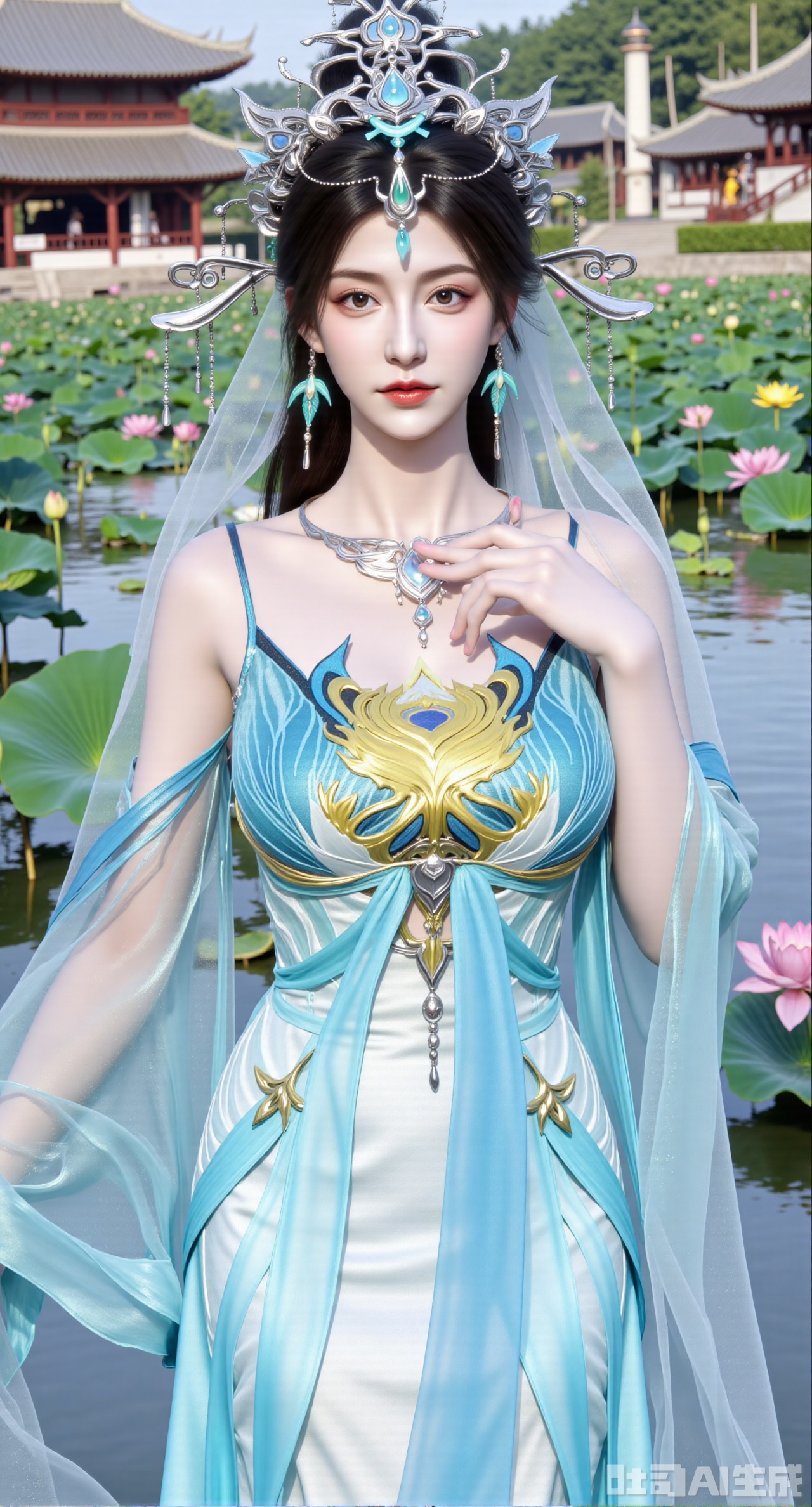 (masterpiece, best quality:1.2),1girl, navel, solo, midriff, bare shoulders, hair ornament, flower, hair flower, black hair, red lips,BREAK, (looking at viewer:1.39), chinese clothes,(Holographic long dress:1.39), (lace,Rainbow Gradient Color:1.29),BREAK,purple eyes,blurry, solo focus, long hair, lips, daytime, lipstick, outdoors, (upper body,,Long legs:1.29), blurry,(huge breasts,full breasts:1.41), background, 1girl, makeup, hair bun,(Blue sky:1.39),(Suzhou Garden Lotus Pond,pink lotus,green Lotus Leaf:1.39),(huge breasts:2.99),(full breasts:2.99),(Background with traditional Chinese architecture, lotus pond and pink lotus flowers:1.39),,Xhanfududou,Xsongzhihanfu,Xlujiajia,Xyanqingfei