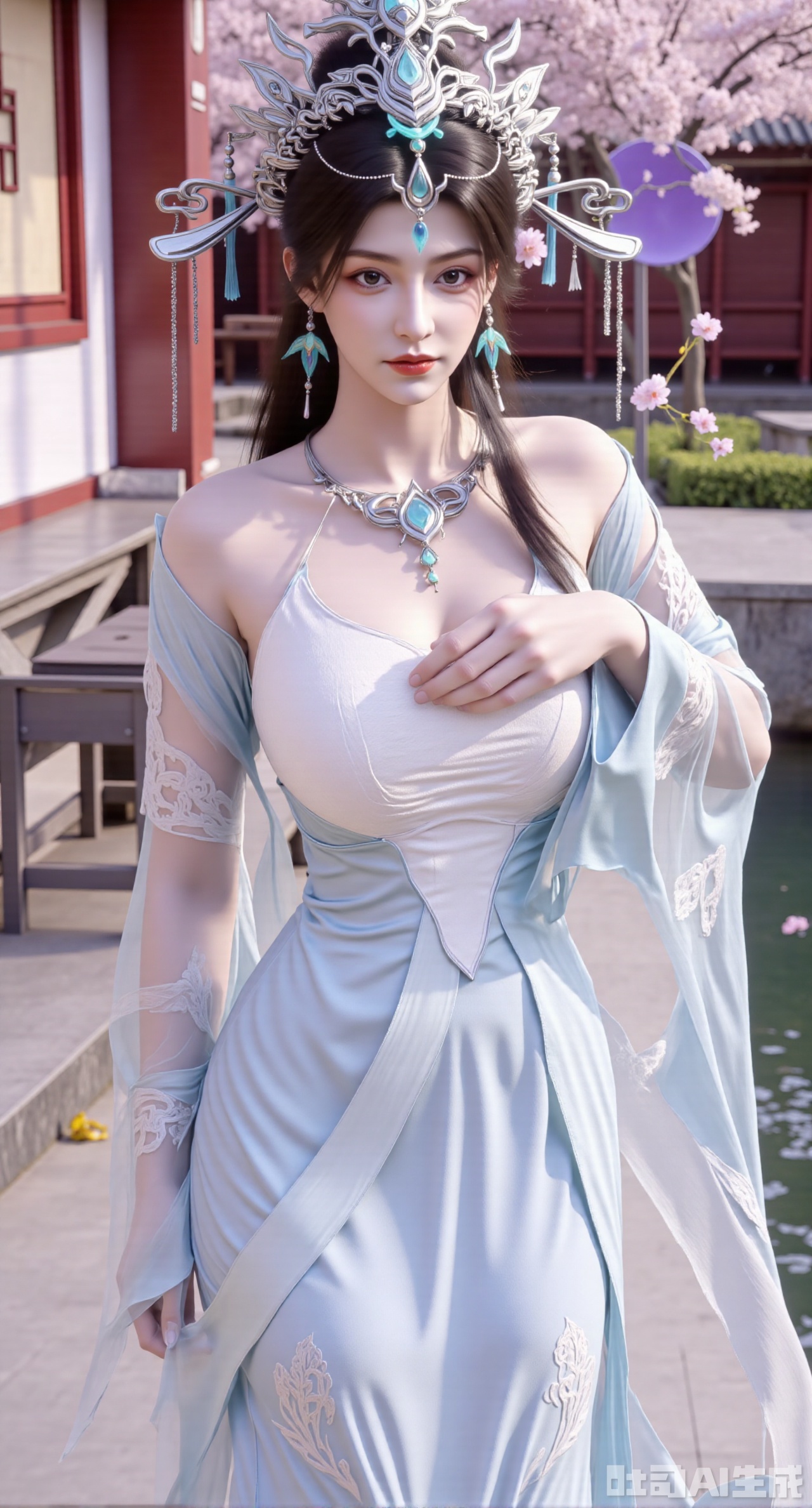  (masterpiece, best quality:1.2),1girl, solo, long hair, breasts, looking at viewer, large breasts, hair ornament, dress, bare shoulders, jewelry, purple eyes, long hair, flower, earrings, outdoors, parted lips, necklace, hand on hip, petals, hanfu dress, cherry blossoms, long dress, architecture, east asian architecture, falling petals,(gigantic breasts:2.99),(full breasts:2.99),Xhanfududou,Xsongzhihanfu,Xlujiajia,Xyanqingfei