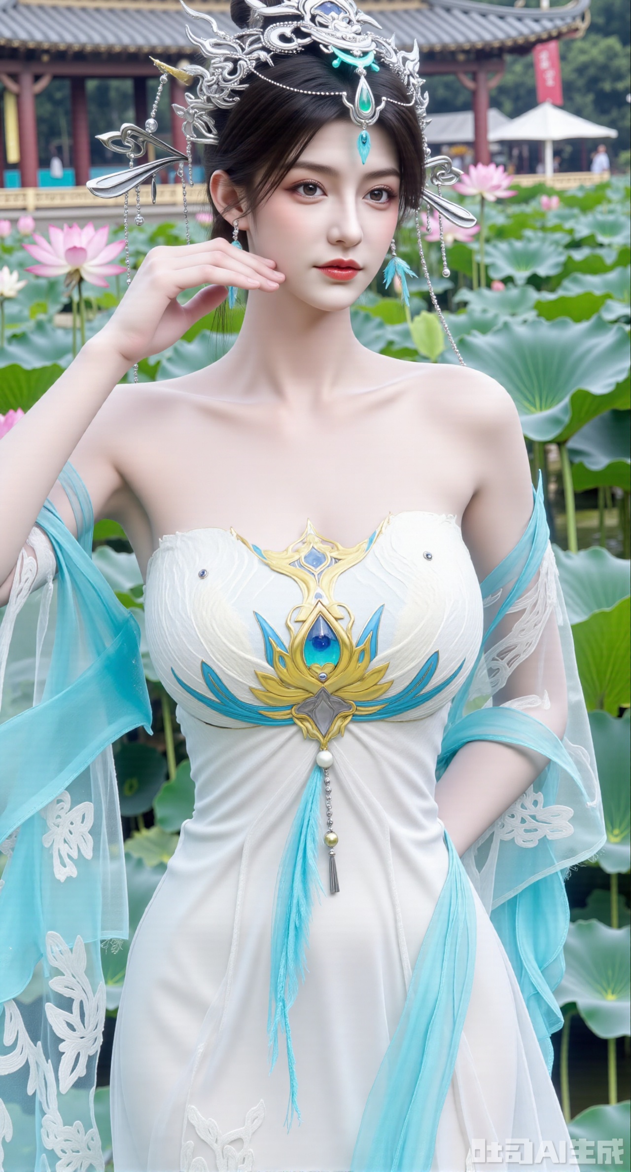 (masterpiece, best quality:1.2),1girl, navel, solo, midriff, bare shoulders, hair ornament, flower, hair flower, black hair, red lips,BREAK, (looking at viewer:1.39), chinese clothes,(Holographic long dress:1.39), (lace,Rainbow Gradient Color:1.29),BREAK,purple eyes,blurry, solo focus, long hair, lips, daytime, lipstick, outdoors, (upper body,,Long legs:1.29), blurry,(huge breasts,full breasts:1.41), background, 1girl, makeup, hair bun,(Blue sky:1.39),(Suzhou Garden Lotus Pond,pink lotus,green Lotus Leaf:1.39),(huge breasts:2.99),(full breasts:2.99),(Background with traditional Chinese architecture, lotus pond and pink lotus flowers:1.39),,Xhanfududou,Xsongzhihanfu,Xlujiajia,Xyanqingfei