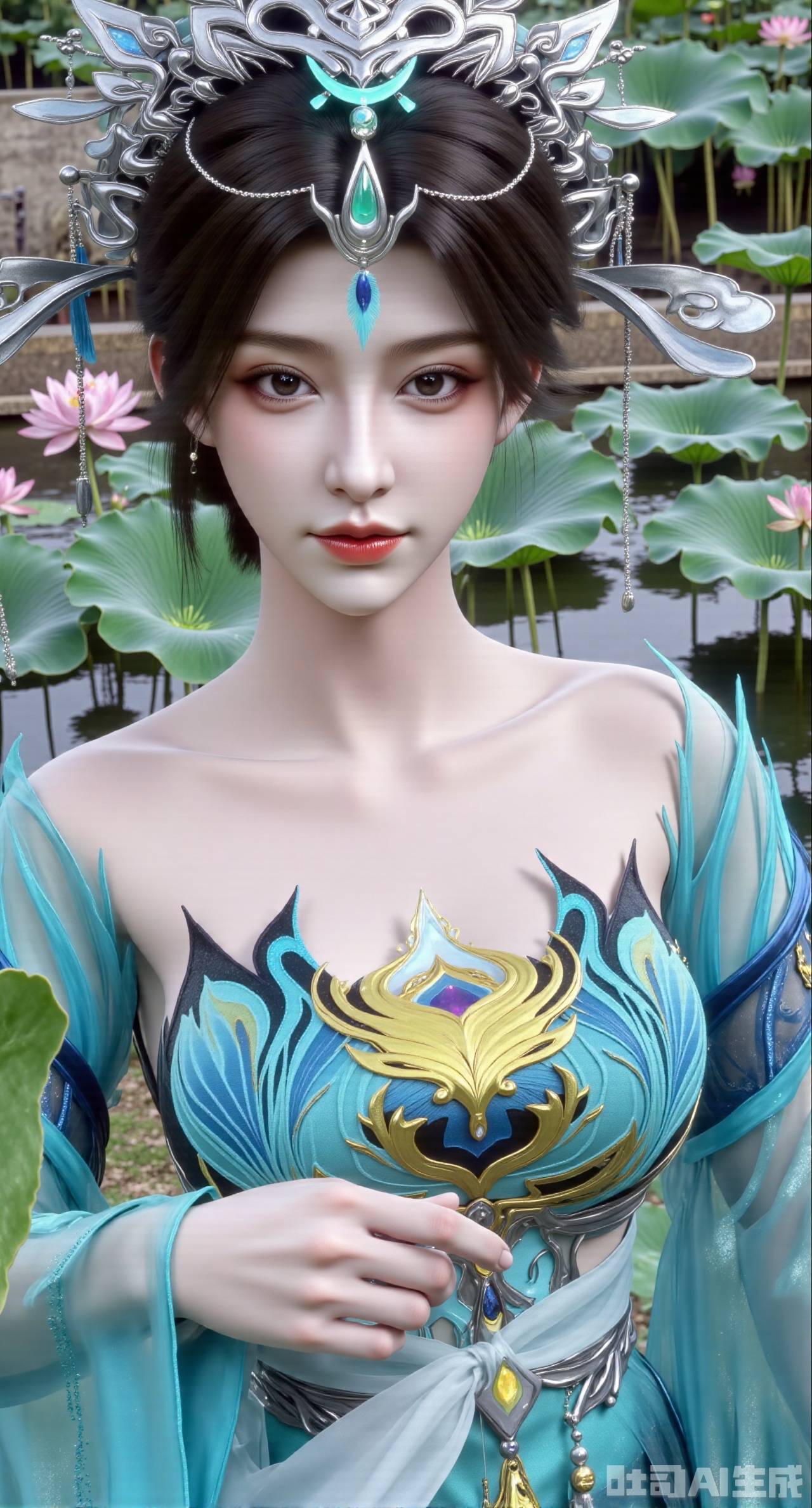 (masterpiece, best quality:1.2),1girl, navel, solo, midriff, bare shoulders, hair ornament, flower, hair flower, black hair, red lips,BREAK, (looking at viewer:1.39), chinese clothes,(Holographic long dress:1.39), (lace,Rainbow Gradient Color:1.29),BREAK,purple eyes,blurry, solo focus, long hair, lips, daytime, lipstick, outdoors, (upper body,,Long legs:1.29), blurry,(huge breasts,full breasts:1.41), background, 1girl, makeup, hair bun,(Blue sky:1.39),(Suzhou Garden Lotus Pond,pink lotus,green Lotus Leaf:1.39),(gigantic breasts:2.99),(full breasts:2.99),(Background with traditional Chinese architecture, lotus pond and pink lotus flowers:1.39),,Xhanfududou,Xsongzhihanfu,Xlujiajia,Xyanqingfei