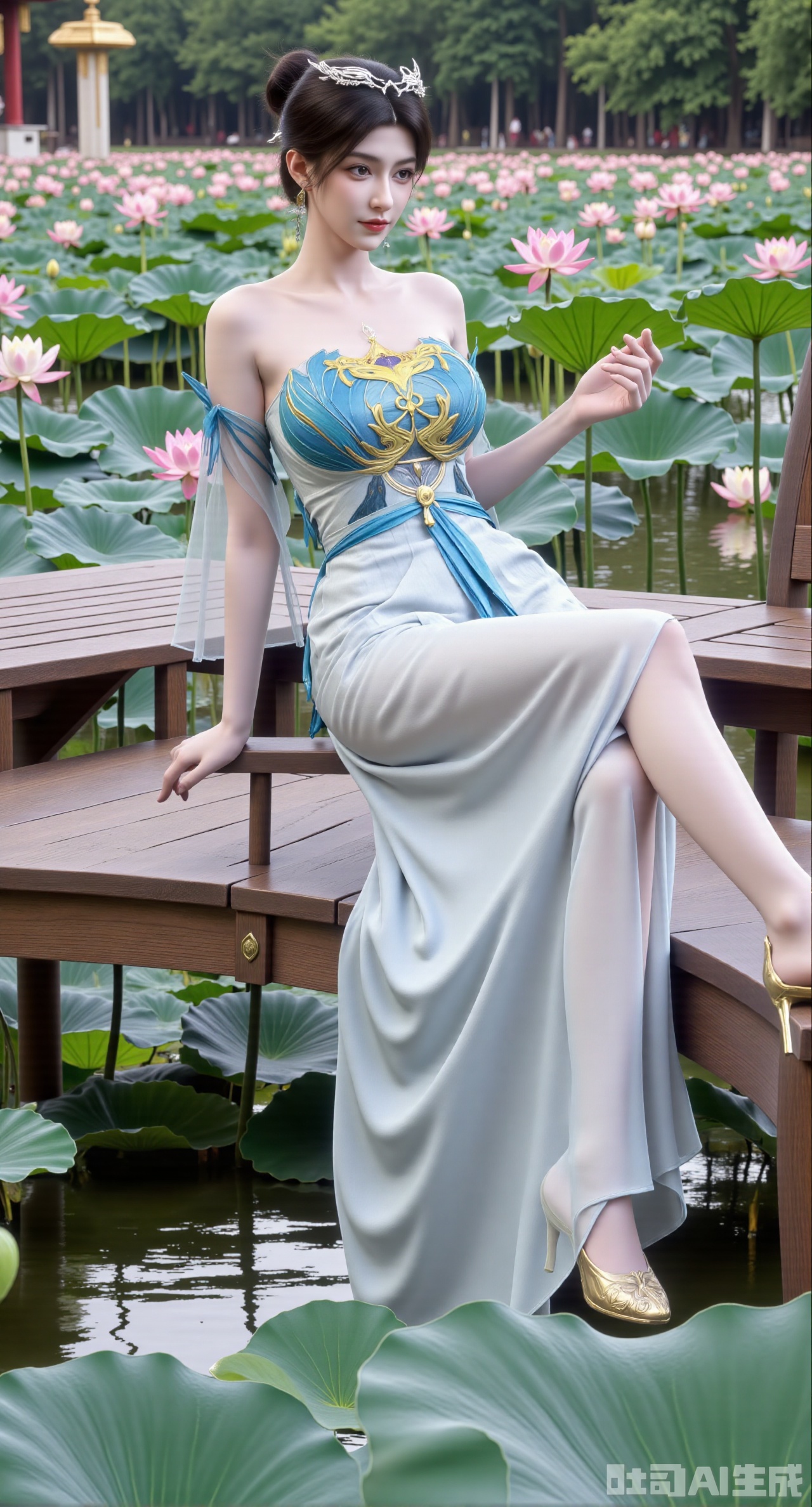 (masterpiece:1.2),best quality,The image is a digital illustration of a young woman sitting on a wooden bench in a pond with lily pads. She is wearing a long dress with design on the chest and sleeves. The dress has a high neckline and short sleeves,Holding a lotus in hand. She has long dark hair styled in loose waves and is wearing gold high heels. The woman is posing with one hand on her hip and the other resting on the edge of the bench. The background is filled with pink and white lotus flowers and green leaves. The overall mood of the image is peaceful and serene,(huge breasts:2.99),(full breasts:2.99),(Background with traditional Chinese architecture, lotus pond and pink lotus flowers:1.39),,Xhanfududou,Xsongzhihanfu,Xlujiajia,Xyanqingfei