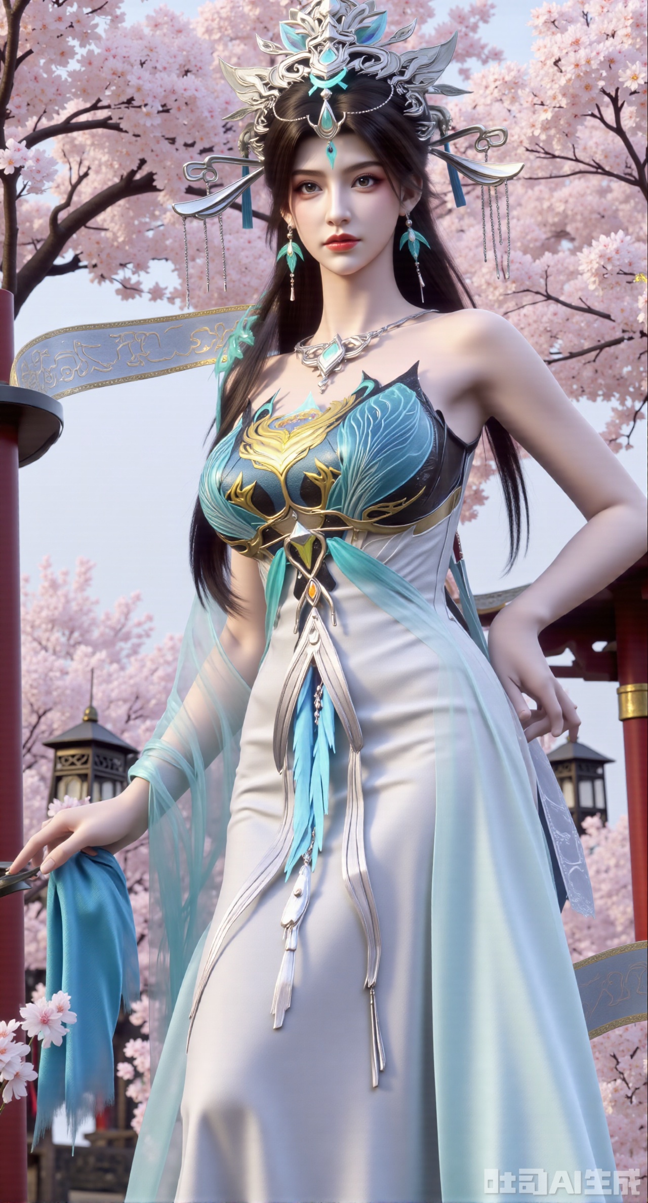  (masterpiece, best quality:1.2),1girl, solo, long hair, breasts, looking at viewer, large breasts, hair ornament, dress, bare shoulders, jewelry, purple eyes, long hair, flower, earrings, outdoors, parted lips, necklace, hand on hip, petals, hanfu dress, cherry blossoms, long dress, architecture, east asian architecture, falling petals,(gigantic breasts:2.99),(full breasts:2.99),Xhanfududou,Xsongzhihanfu,Xlujiajia,Xyanqingfei