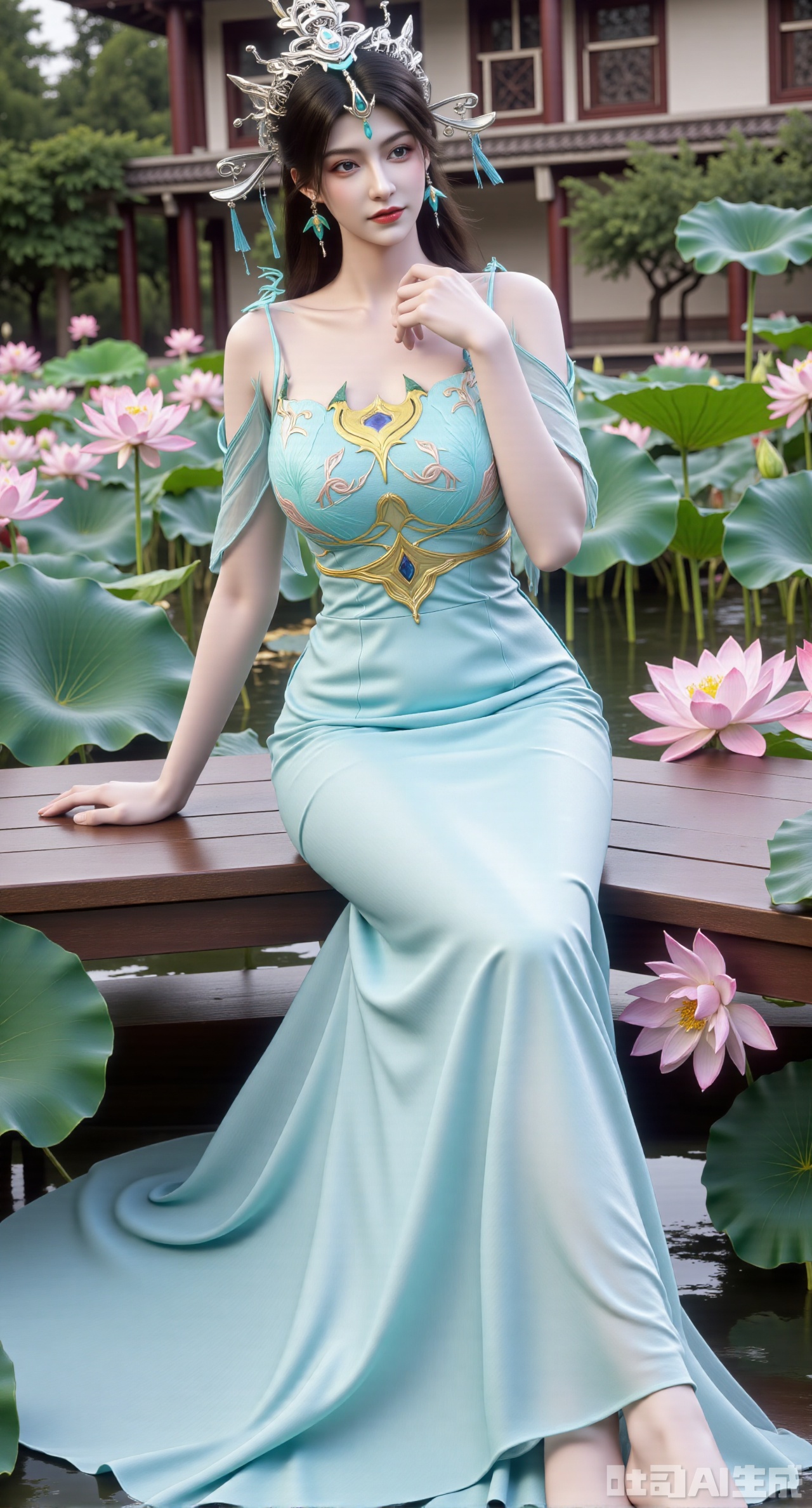 (masterpiece:1.2),best quality,The image is a digital illustration of a young woman sitting on a wooden bench in a pond with lily pads. She is wearing a long dress with design on the chest and sleeves. The dress has a high neckline and short sleeves,Holding a lotus in hand. She has long dark hair styled in loose waves and is wearing gold high heels. The woman is posing with one hand on her hip and the other resting on the edge of the bench. The background is filled with pink and white lotus flowers and green leaves. The overall mood of the image is peaceful and serene,(huge breasts:2.99),(full breasts:2.99),(Background with traditional Chinese architecture, lotus pond and pink lotus flowers:1.39),,Xhanfududou,Xsongzhihanfu,Xlujiajia,Xyanqingfei