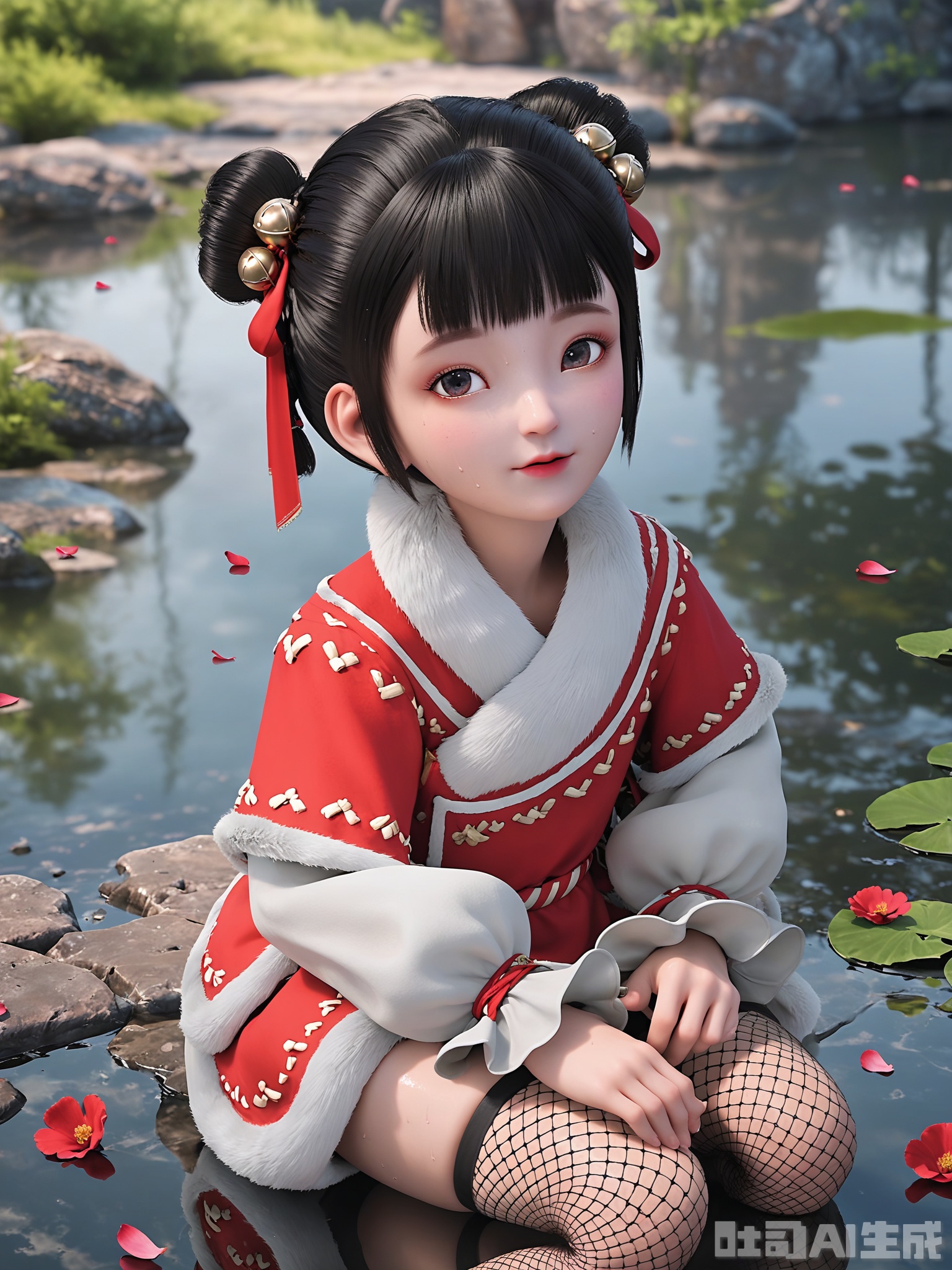 score_9,score_8_up,score_7_up,realistic,photorealistic,1girl,looking_at_viewer,realistic,1girl,Vivid Colors,bright environment,delicate water,hair_ornament,shiny skin,shiny hair,reflection,dress,flower sea,falling petals,extreme detail description,(upper body:0.3),put one hand on your side,long_hair,(skindentation:1.3),Fishnet stockings,bright,sunshine on face,light,sweating,dress,light,sitting_down,glowing,sunshine,bright,reflection,pale_skin,short hair,chinese clothes,child,loli,