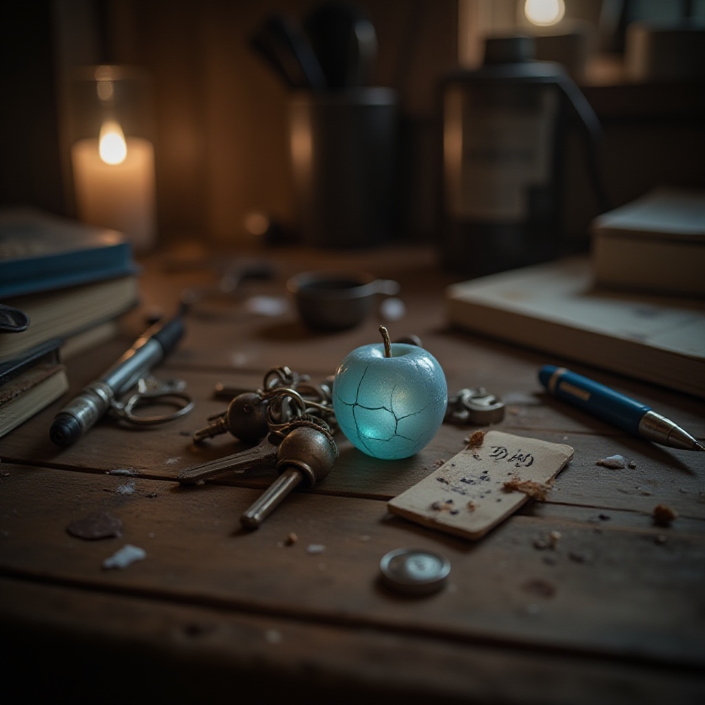 extreme close-up shot of a quirky handmade keychain lying on the corner of a messy wooden desk. the keychain consists of a...