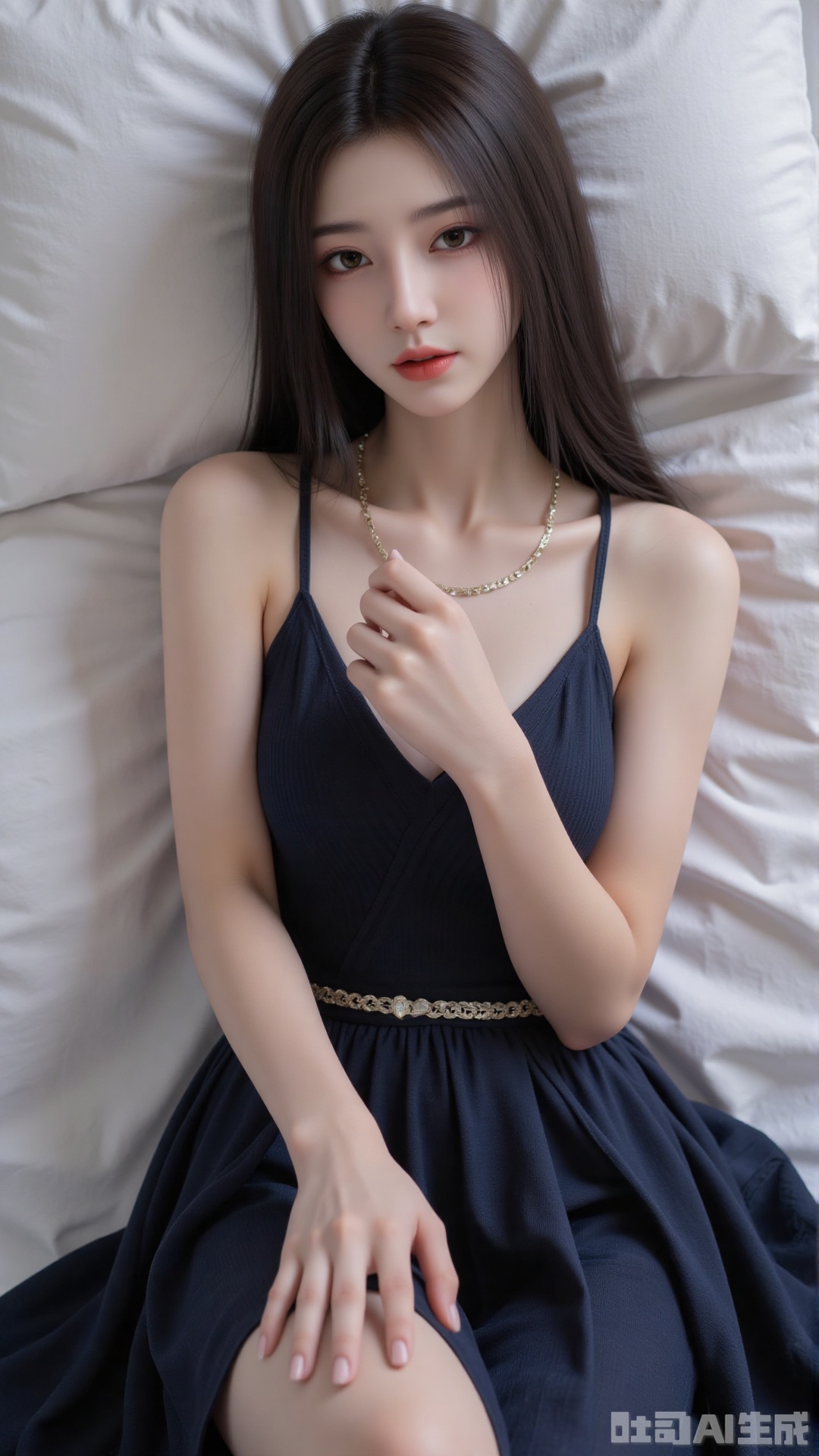1girl, solo, jewelry, earrings, breasts, necklace, dress, realistic, bare shoulders, looking at viewer, lying, perfect body, scenery, sharp focus, best quality, masterpiece, detailed outfit, illustration, perfect eyes, finely detailed beautiful anime eyes, realistic skin, intricate details, best lighting, depth of field, ultra high resolution, bed, from above