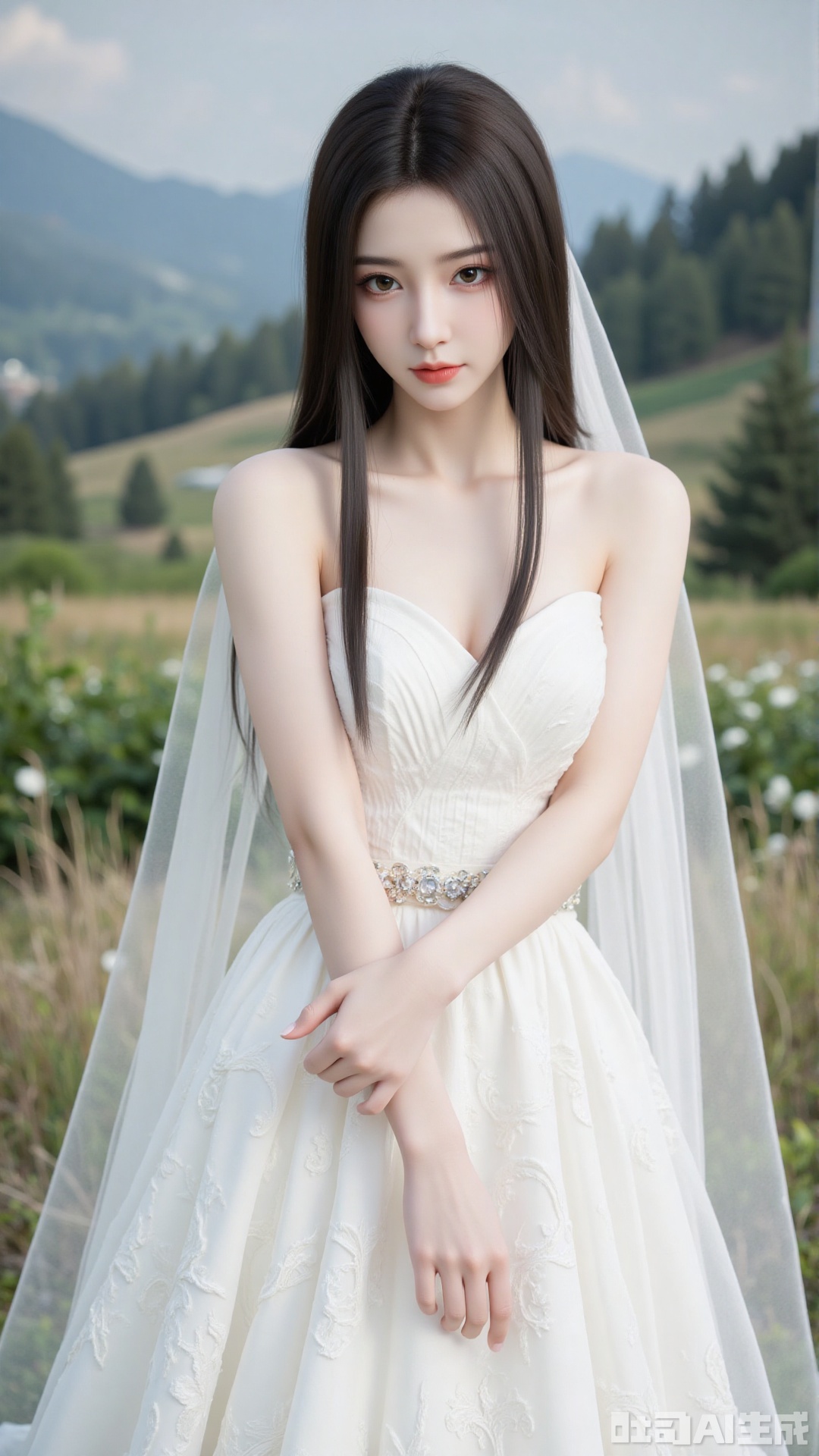 1girl, white wedding dress,looking at viewer, mischevious smile, perfect body, scenery, sharp focus, best quality, masterpiece, detailed outfit, illustration, perfect eyes, finely detailed beautiful anime eyes, realistic skin, intricate details, best lighting, depth of field, ultra high resolution, cowboy_shot, bride