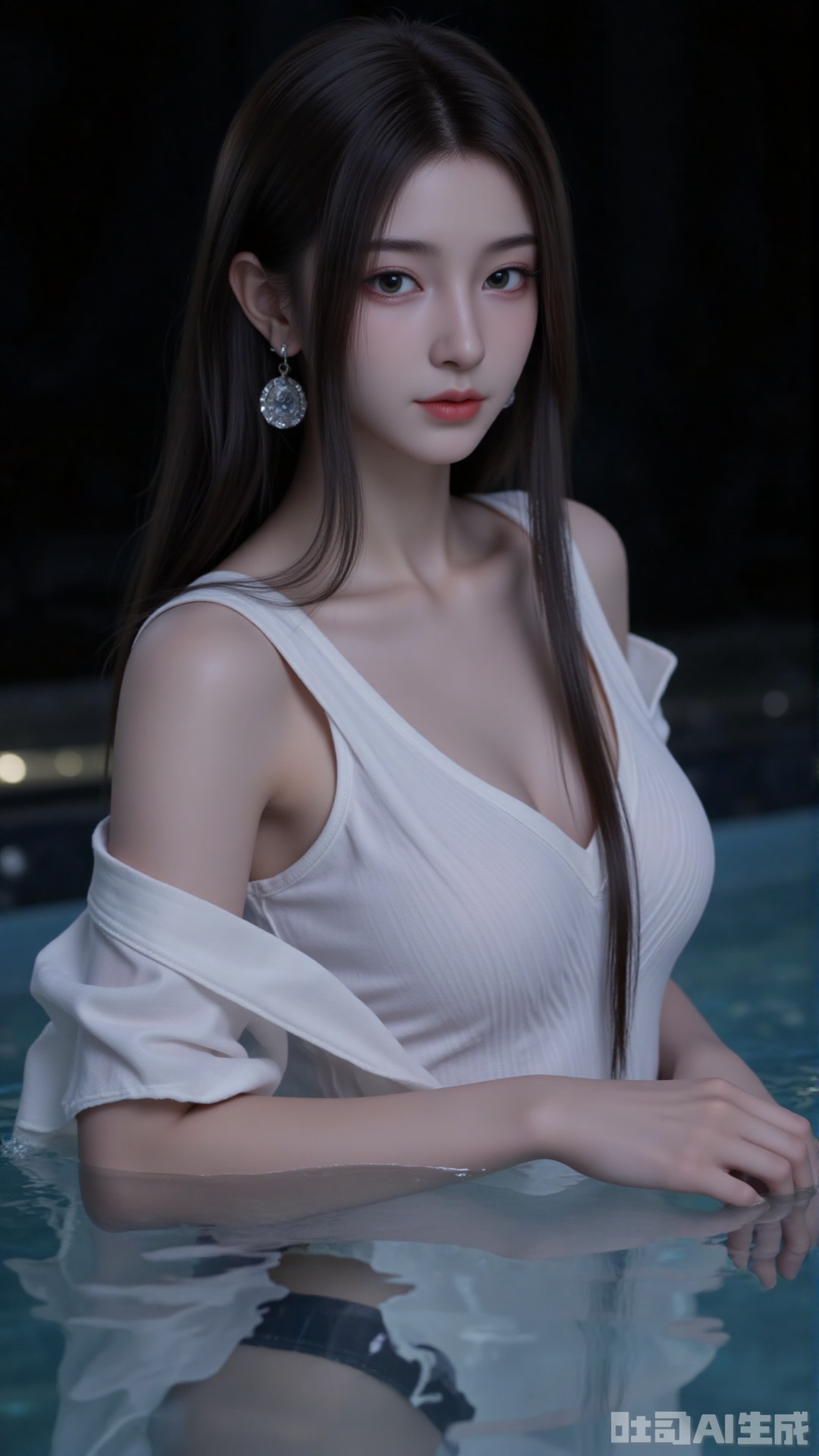 1girl, solo, long hair, red lips,looking at viewer, upper body, glowing hair,hair ornament,white sling shirt,bare shoulders,in water,hair bun,ribbon,earrings,black background,light,dark background