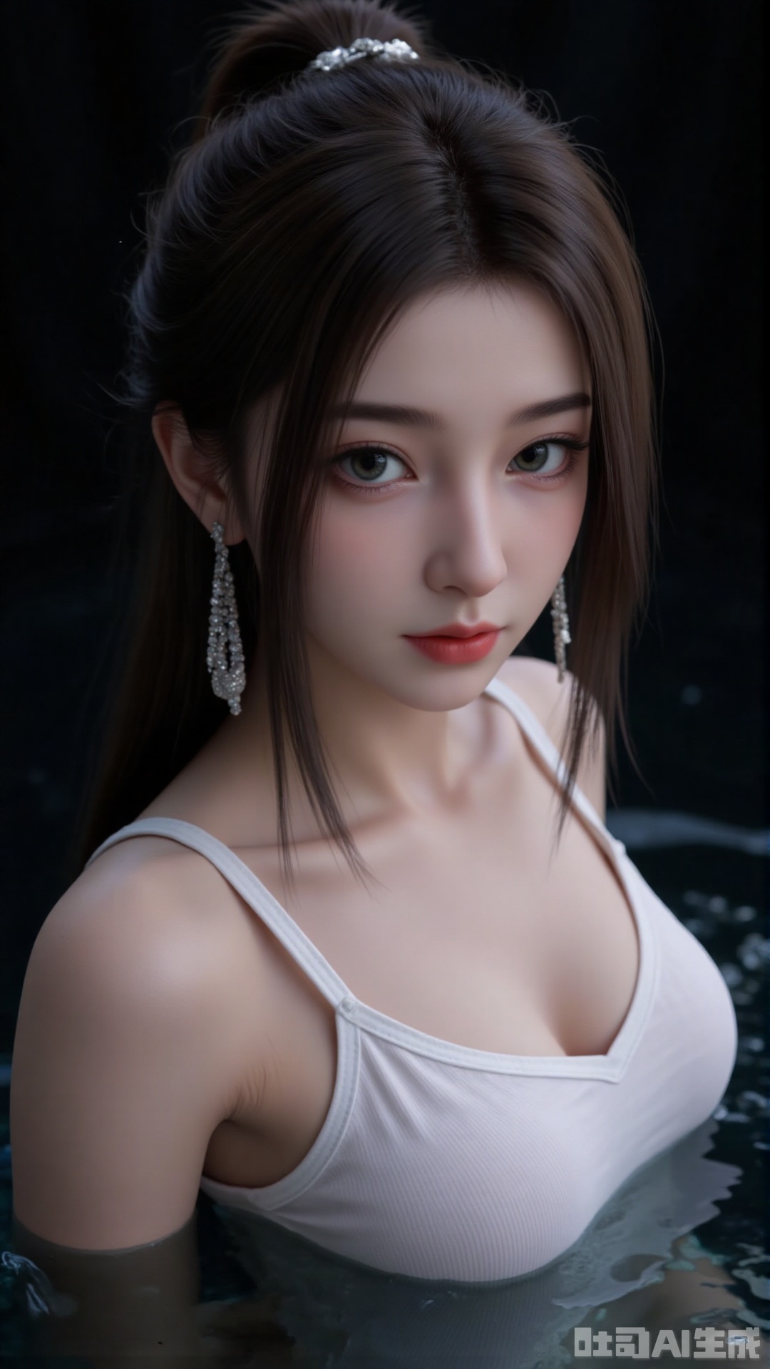 1girl, solo, long hair, red lips,looking at viewer, upper body, glowing hair,hair ornament,white sling shirt,bare shoulders,in water,hair bun,ribbon,earrings,black background,light,dark background