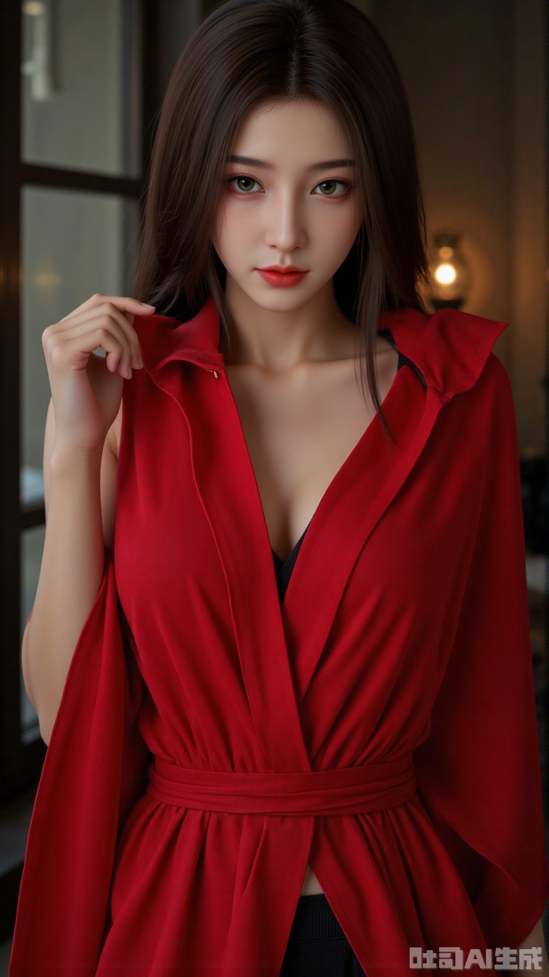 A stunning 18-year-old Chinese woman wraps herself in a vibrant red scarf, posing seductively against a sleek, modern backdrop. Soft, golden lighting accentuates her porcelain complexion and luscious locks. The camera captures the dramatic play of shadows on her features as she confidently flaunts her curves.