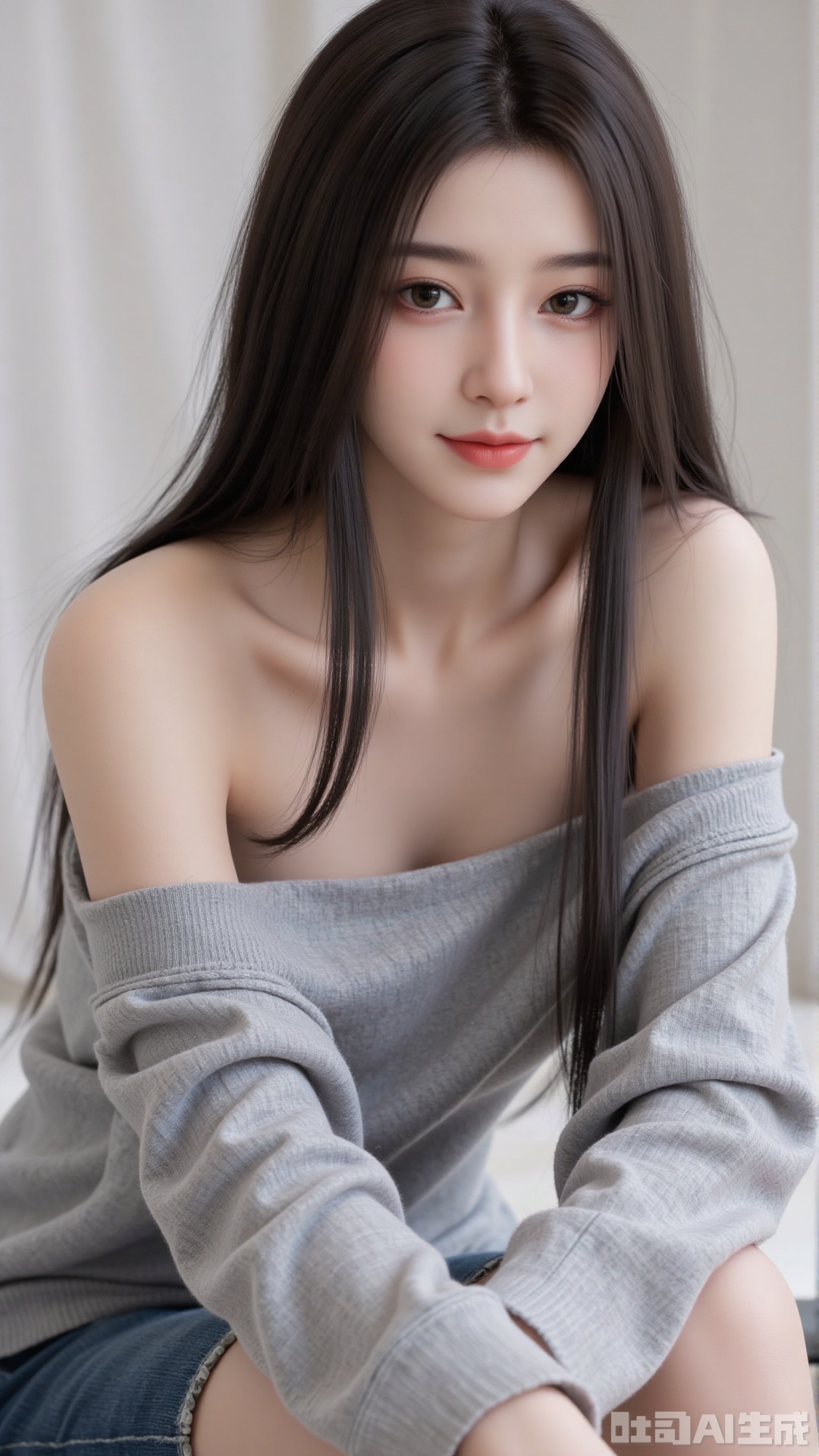 1girl, solo, long hair, looking at viewer, smile, sitting, collarbone, off shoulder, sweater, messy hair, realistic