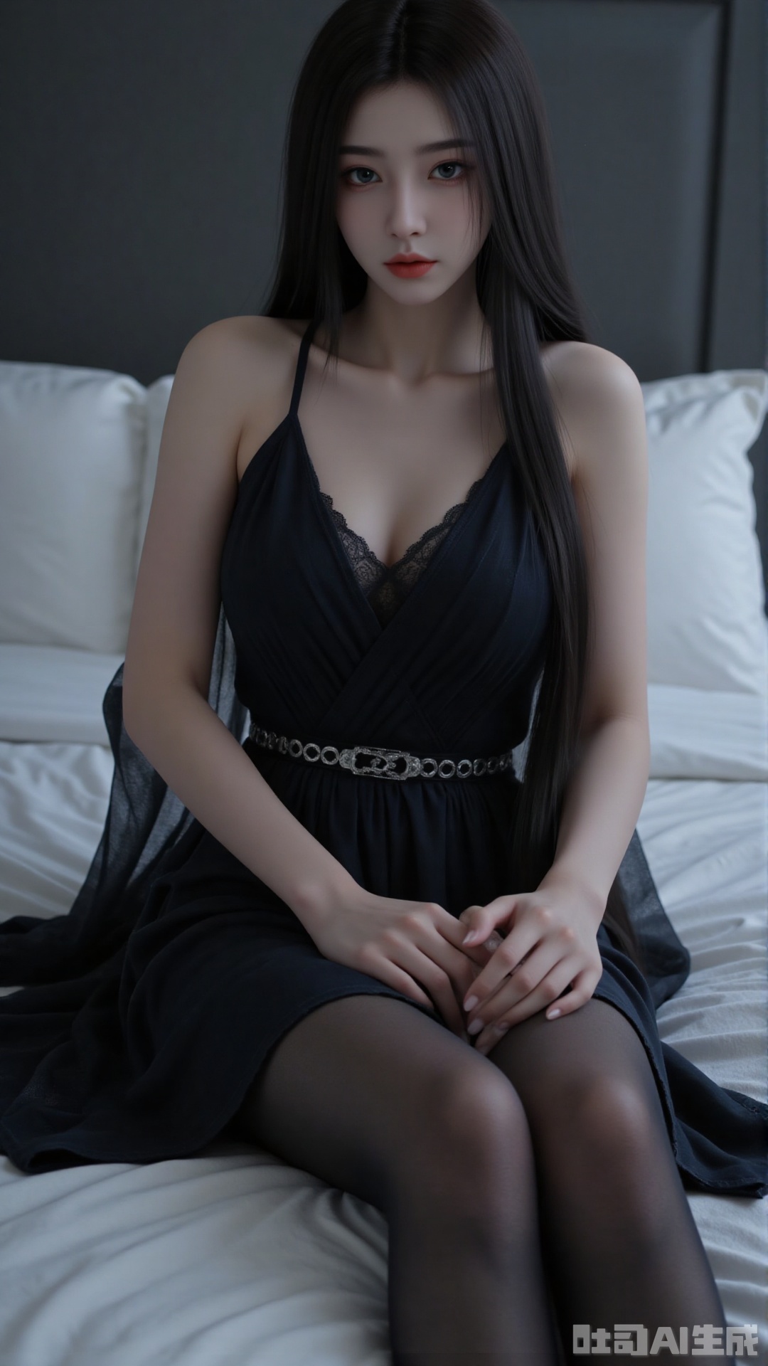 1girl, solo,Long hair, black hair, blue eyes, black nightgown, black lace stockings, bare shoulders, leaning against the pillow, with a sad expression, in bed, at night, white moonlight shining on the body, .(all body) (Show whole body),(all body),(artist:quasarcake:0.8),extreme aesthetic,(wlop:0.6),masterpiece,best quality,good quality,newest,very aesthetic,absurdres,Visual impact,A shot with tension, ultra-high resolution,32K UHD,sharp focus,best-quality,masterpiece,Emotionalization,unconventional supreme masterpiece,masterful details,temperate atmosphere,with a high-end texture,in the style of fashion photography, (Visual impact:1.2),visually striking appearance,impactful picture,offcial art,colorful,splash of color,movie perspective, masterpiece,best quality,amazing quality,very aesthetic,absurdres,best quality,newest