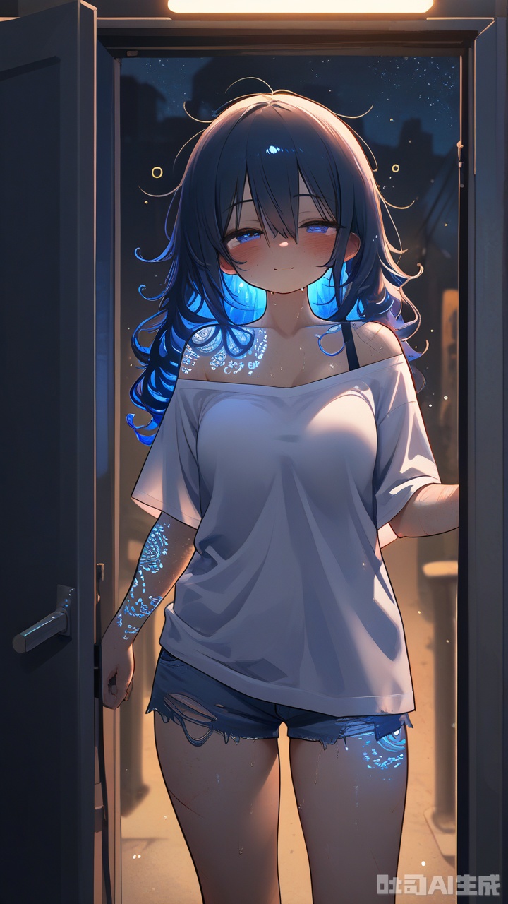best quality,highres,masterpiece,sparkles,ornate,bloom light,ambilight,halatio,detail skin,((skin glowing, subsurface scattering)),particles,ray tracing,gritty, nighttime, urban trailer park, woman standing in front of an old rusty trailer with door open, wearing torn cut-off jean shorts and a dirty cut-off off-the-shoulder old t-shirt with long messy tangled dark curly hair and many tattoos , cute face, sweaty, drunk