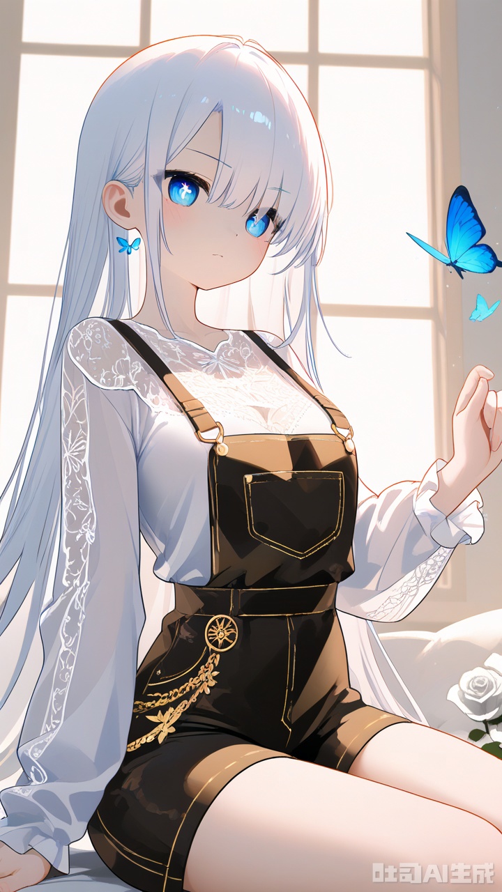The image is a digital illustration of a young woman with long white hair and blue eyes She is wearing a black and gold outfit with intricate details and patterns The outfit has a high neckline and long sleeves with ruffles on the sleeves The woman is sitting in front of a background of white roses and blue butterflies She has a serious expression on her face and is looking off to the side The overall mood of the image is dark and mysterious.