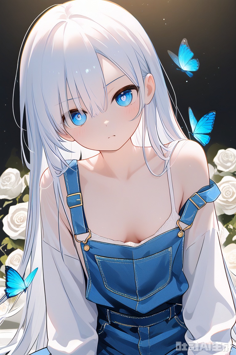 The image is a digital illustration of a young woman with long white hair and blue eyes She is wearing a black and gold outfit with intricate details and patterns The outfit has a high neckline and long sleeves with ruffles on the sleeves The woman is sitting in front of a background of white roses and blue butterflies She has a serious expression on her face and is looking off to the side The overall mood of the image is dark and mysterious.