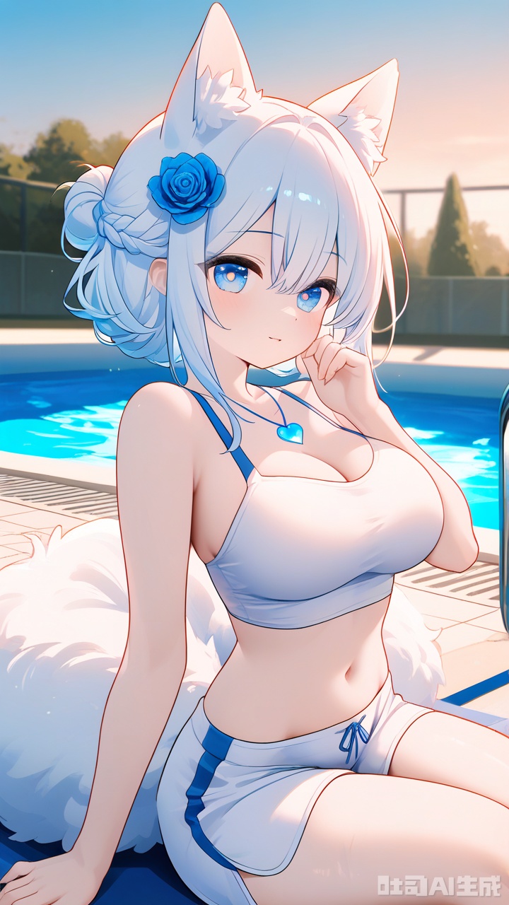 The image shows a person sitting on a white surface near a pool. The individual is wearing a cream-colored outfit, consisting of a cropped top with a unique design and matching shorts. The top features a large blue flower-shaped pendant and a small heart-shaped charm. The person has their hair styled in an updo, adorned with a white fluffy hair accessory. The background includes a pool with clear water and a lush, green forested area, suggesting a serene, outdoor setting.