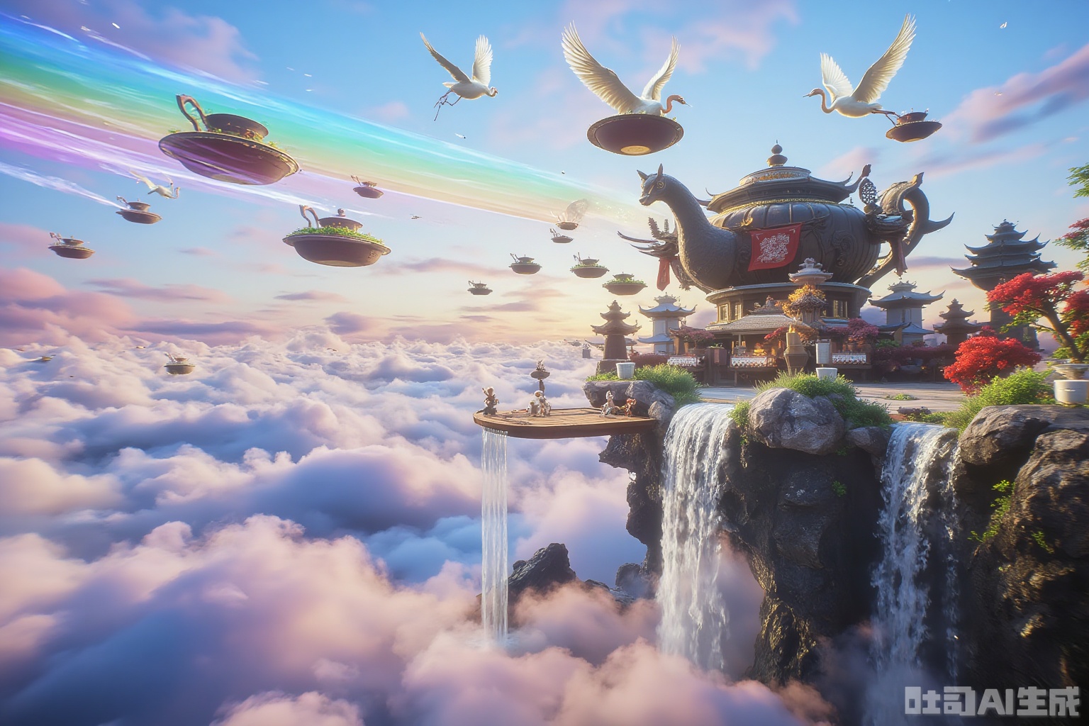 fantasy settings, description: On the edge of a cliff, an oriental teahouse composed of huge floating teapots and tea cups floats on a sea of ​​flowing clouds. The teapot spout flows in a slanted rainbow-colored waterfall, which turns into spiritual mist and dissipates in its fall. There are several ink-painted cranes standing on the teapot.
​​​Details: ​​​ Glowing tea leaves are scattered on the wooden tea mat, and the starry sky is reflected in the tea soup; there are figures flying with brushes in the distance.
Art style: ukiyo-e prints + Ghibli animation color + ink and wash white + fine line draft