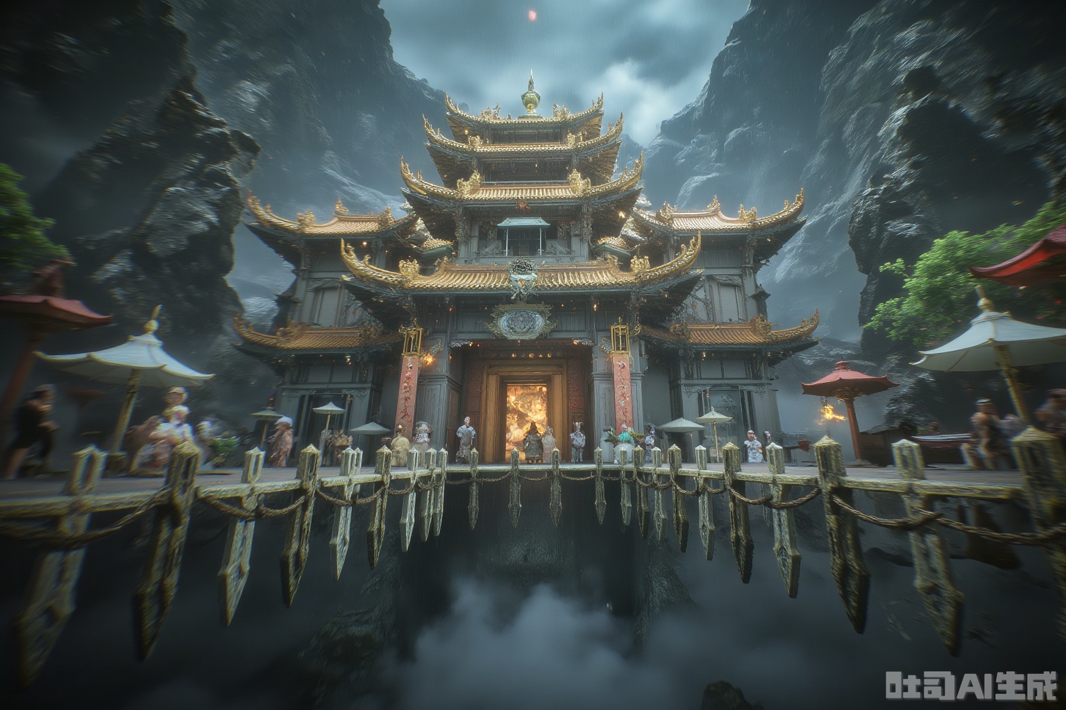 Description: ​​ In the hanging Tangfeng Ghost Market in the heavy rain, thousands of bronze pepper door knockers (one of the dragon sons) bit the flying eaves, and golden chains hanging between the teeth tied the floating island. The demon merchants hawked on the chain bridge: Nuo masks are fire-breathing, porcelain bottles are imprisoned, and pocket-sized unicorns in cages are crying.
​​Details:​​ The rainwater gathers into the Milky Way on the gilded roof, but turns into copper coins when it falls to the ground; the guest umbrella of the hat and the guest umbrella seeps blood into the brick crack and sprouts.
Art style: Tang style architectural textual research + Ukiyo-e weird composition + Cyber ​​raindrop special effects + folk elements magic, fantasy settings