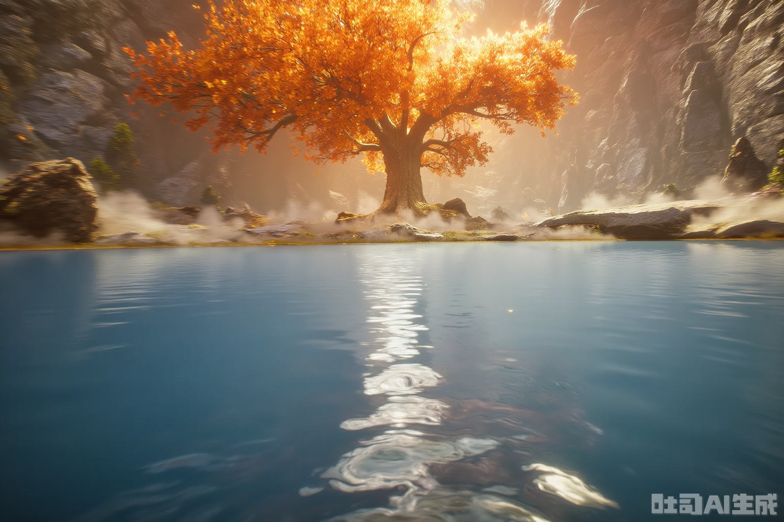 fantasy settings
A stunning digital artwork of a serene autumnal scene. A large
vibrant orange tree with golden leaves stands in the center
surrounded by mist and surrounded by rocky cliffs. The foreground features a calm
reflective lake with ripples. The background is filled with soft
warm light filtering through the leaves
creating a magical atmosphere. The style is realistic with a touch of fantasy
reminiscent of concept art from video games. The colors are rich and warm
with a mix of orange
yellow
and blue hues. The composition is balanced and symmetrical
drawing the eye to the tree.
