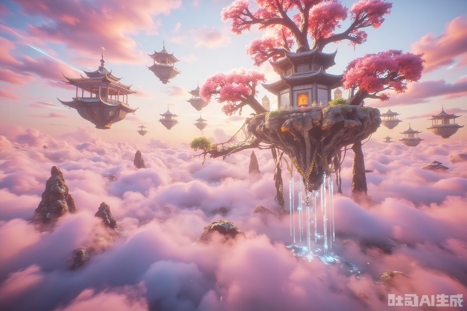 The hanging glazed fairy island with ink and paint texture floats in the sea of ​​peach pink clouds, glowing runes chains hanging from the bottom of the island are wrapped around the roots of the thousand-year-old peach tree, and the translucent blue phoenix phantom shuttles through the Sulian waterfall between the islands. Each water curtain condenses into ice crystal lotus platform and melts instantly; the glazed pavilion and corridor bridge is filled with scarlet colors, and the bronze wind chime sways to reflect the morning light and rainbow halo; artistic style: Chinese comic gradient clouds + fine architectural details + particle light effect + silk color warmth