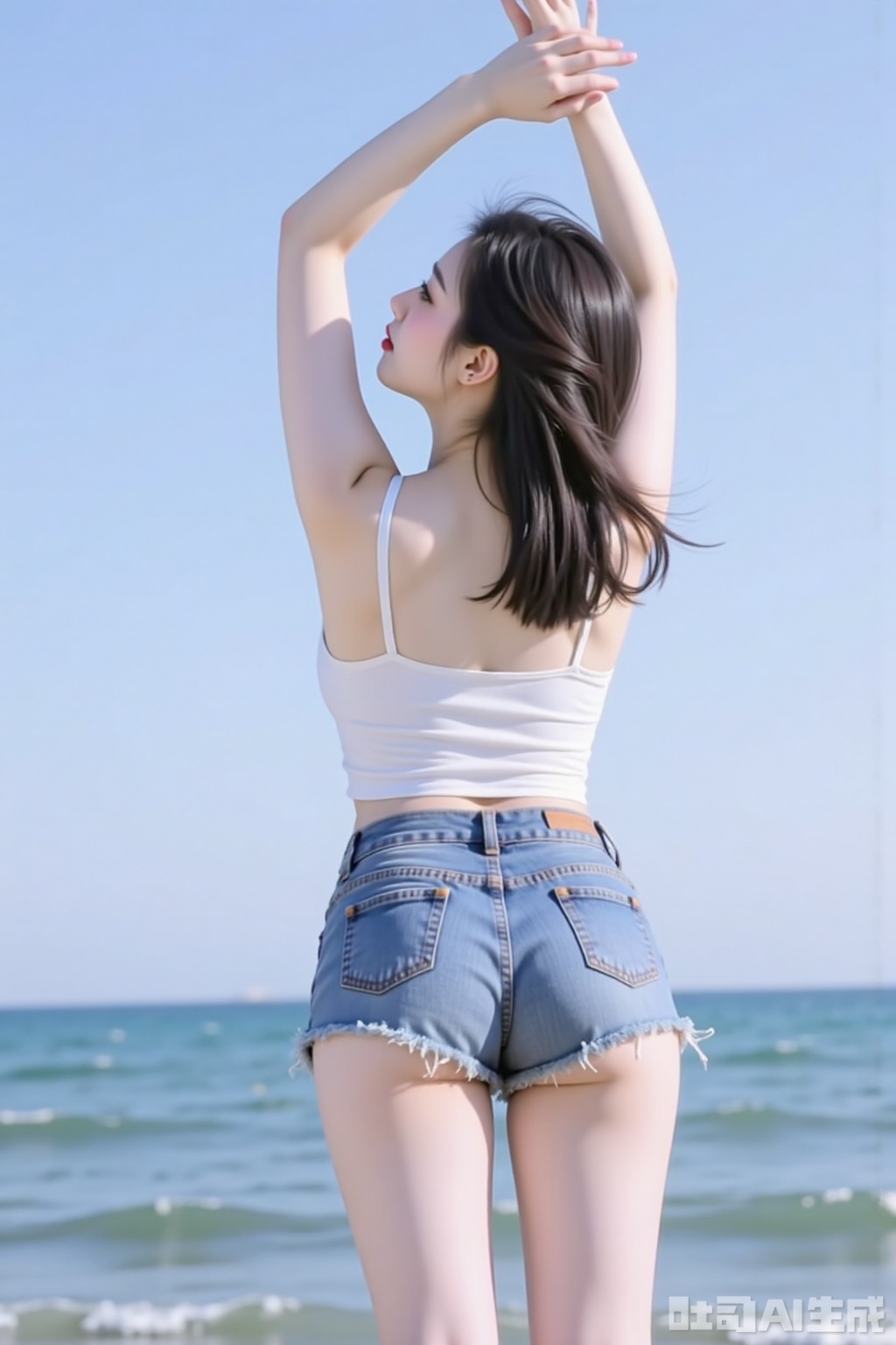 1girl,The camera shoots up from the thighs, Shot from above, shooting the back, back to the camera, not showing the face,, elegant pose, thin legs, white flesh-colored stockings,model figure, plump bust, milk muscles, thin waist and buttocks, long legs, raise your hands to pose, look up at the sky, ultra-short denim shorts, white suspenders, live image, high definition resolution, By the sea, sw, cy,yyzs,zmyp,bmyp