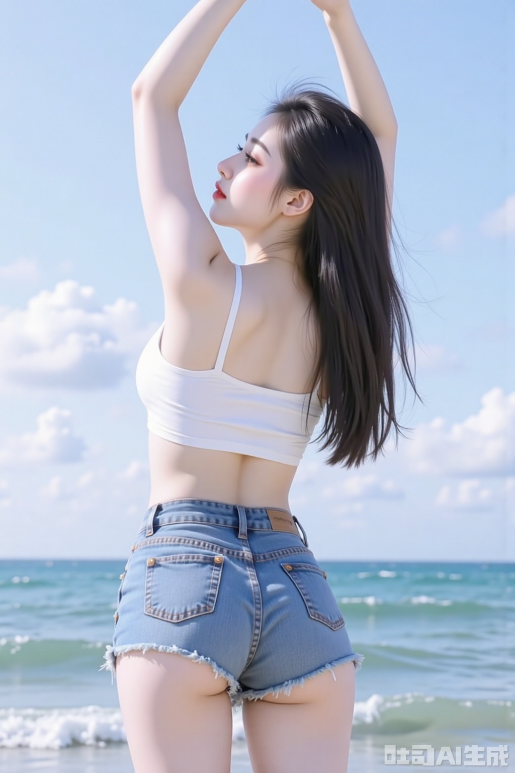 1girl,The camera shoots up from the thighs, Shot from above, shooting the back, back to the camera, not showing the face,, elegant pose, thin legs, white flesh-colored stockings,model figure, plump bust, milk muscles, thin waist and buttocks, long legs, raise your hands to pose, look up at the sky, ultra-short denim shorts, white suspenders, live image, high definition resolution, By the sea, sw, cy,yyzs,zmyp,bmyp