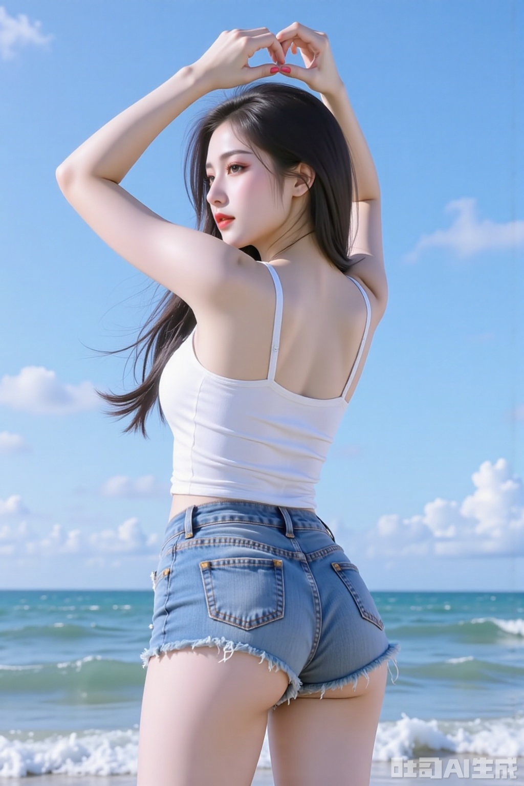 1girl,The camera shoots up from the thighs, Shot from above, shooting the back, back to the camera, not showing the face,, elegant pose, thin legs, white flesh-colored stockings,model figure, plump bust, milk muscles, thin waist and buttocks, long legs, raise your hands to pose, look up at the sky, ultra-short denim shorts, white suspenders, live image, high definition resolution, By the sea, sw, cy,yyzs,zmyp,bmyp