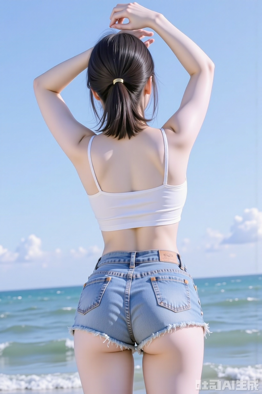 The camera shoots up from the thighs, Shot from above, shooting the back, back to the camera, not showing the face,, elegant pose, thin legs, white flesh-colored stockings,model figure, plump bust, milk muscles, thin waist and buttocks, long legs, raise your hands to pose, look up at the sky, ultra-short denim shorts, white suspenders, live image, high definition resolution, By the sea, sw, cy,yyzs,zmyp,bmyp