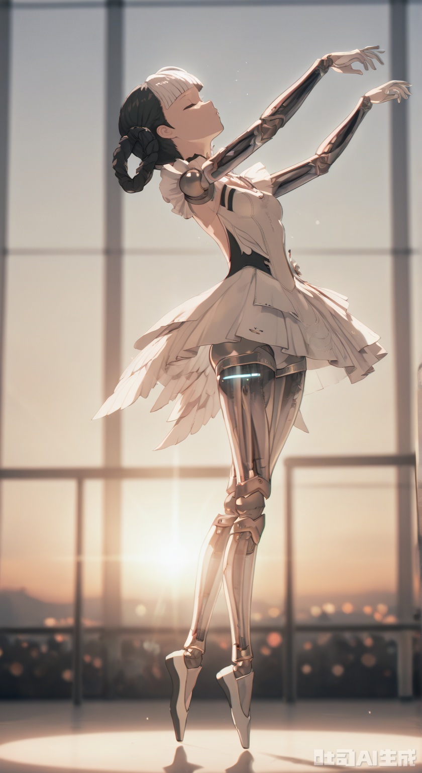 bangbi,1girl, solo, closed eyes,blunt bangs, black hair, gloves, dress, full body, braid, white hair, multicolored hair, gradient, gradient background, science fiction, android, joints, robot joints,, indoors, ballet, On the stage, a person dances, stage lights, dazzling dance postures,arms up,dynamic,dance practice,sunset light, elegant, charming,  see-throughs silhouettes,intoxicated,tiptoe,
depth of field,detailed light,blurry background,cinematic lighting,ray tracing,amazing quality,very aesthetic,absurdres,beast quality,ultra detailed,god rays,backlighting,photo background,film grain,chromatic aberration,volumetric lighting,depth of field,blurry background,shiny skin,cinematic lighting,day,very aesthetic,