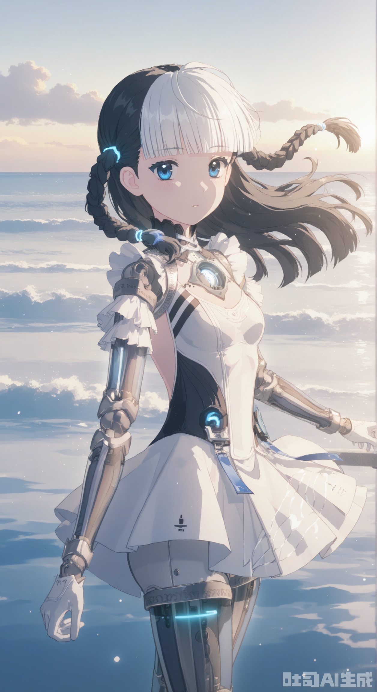 bangbi,1girl, solo, looking at viewer, blue eyes,blunt bangs, black hair, gloves, dress, braid, white hair, multicolored hair, floating hair, anime aesthetic,sea,windy,floating hair,,floating dress,android, joints, robot joints,