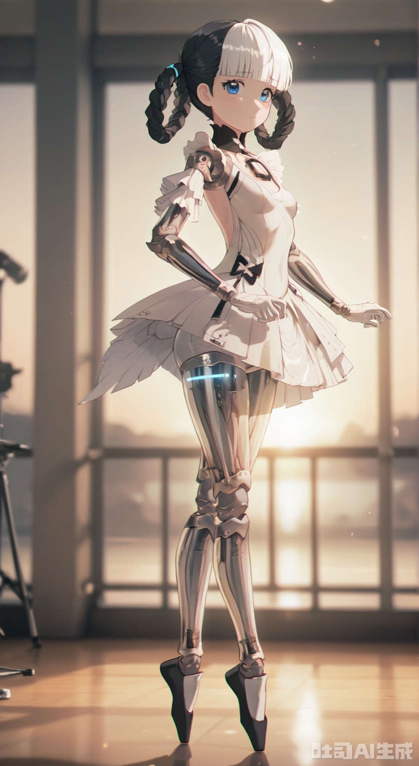 bangbi,1girl, solo, looking at viewer, blue eyes,blunt bangs, black hair, gloves, dress, full body, braid, white hair, multicolored hair, gradient, gradient background, science fiction, android, joints, robot joints,, indoors, ballet, On the stage, a person dances, stage lights, dazzling dance postures,dance practice,sunset light, elegant, charming,  see-throughs silhouettes,intoxicated,tiptoe,
depth of field,detailed light,blurry background,cinematic lighting,ray tracing,amazing quality,very aesthetic,absurdres,beast quality,ultra detailed,god rays,backlighting,photo background,film grain,chromatic aberration,volumetric lighting,depth of field,blurry background,shiny skin,cinematic lighting,day,very aesthetic,