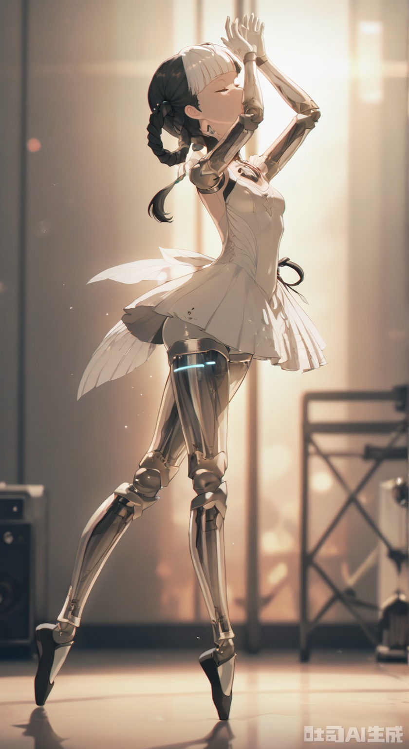 bangbi,1girl, solo, closed eyes,blunt bangs, black hair, gloves, dress, full body, braid, white hair, multicolored hair, gradient, gradient background, science fiction, android, joints, robot joints,, indoors, ballet, On the stage, a person dances, stage lights, dazzling dance postures,arms up,dynamic,dance practice,sunset light, elegant, charming,  see-throughs silhouettes,intoxicated,intoxicated expression,tiptoe,
depth of field,detailed light,blurry background,cinematic lighting,ray tracing,amazing quality,very aesthetic,absurdres,beast quality,ultra detailed,god rays,backlighting,photo background,film grain,chromatic aberration,volumetric lighting,depth of field,blurry background,shiny skin,cinematic lighting,day,very aesthetic,