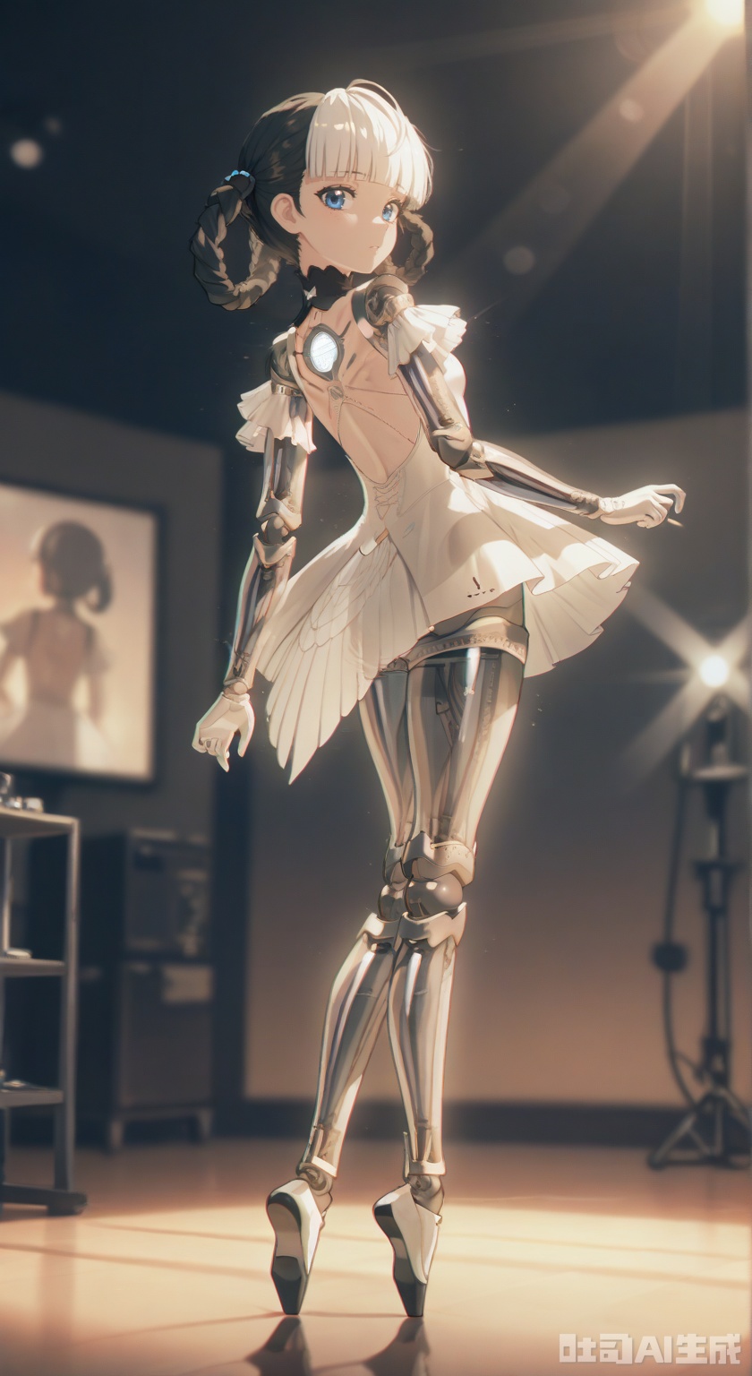bangbi,1girl, solo, looking at viewer, blue eyes,blunt bangs, black hair, gloves, dress, full body, braid, white hair, multicolored hair, gradient, gradient background, science fiction, android, joints, robot joints,, indoors, white gloves, white dress, only,White ballet skirt, white silk, ballet, On the stage, a person dances, stage lights, dazzling dance postures,dance practice,sunset light, elegant, charming,  see-through,see-throughs silhouettes,intoxicated,tiptoe,
depth of field,detailed light,blurry background,cinematic lighting,ray tracing,amazing quality,very aesthetic,absurdres,beast quality,ultra detailed,god rays,backlighting,photo background,film grain,chromatic aberration,volumetric lighting,depth of field,blurry background,shiny skin,cinematic lighting,day,very aesthetic,