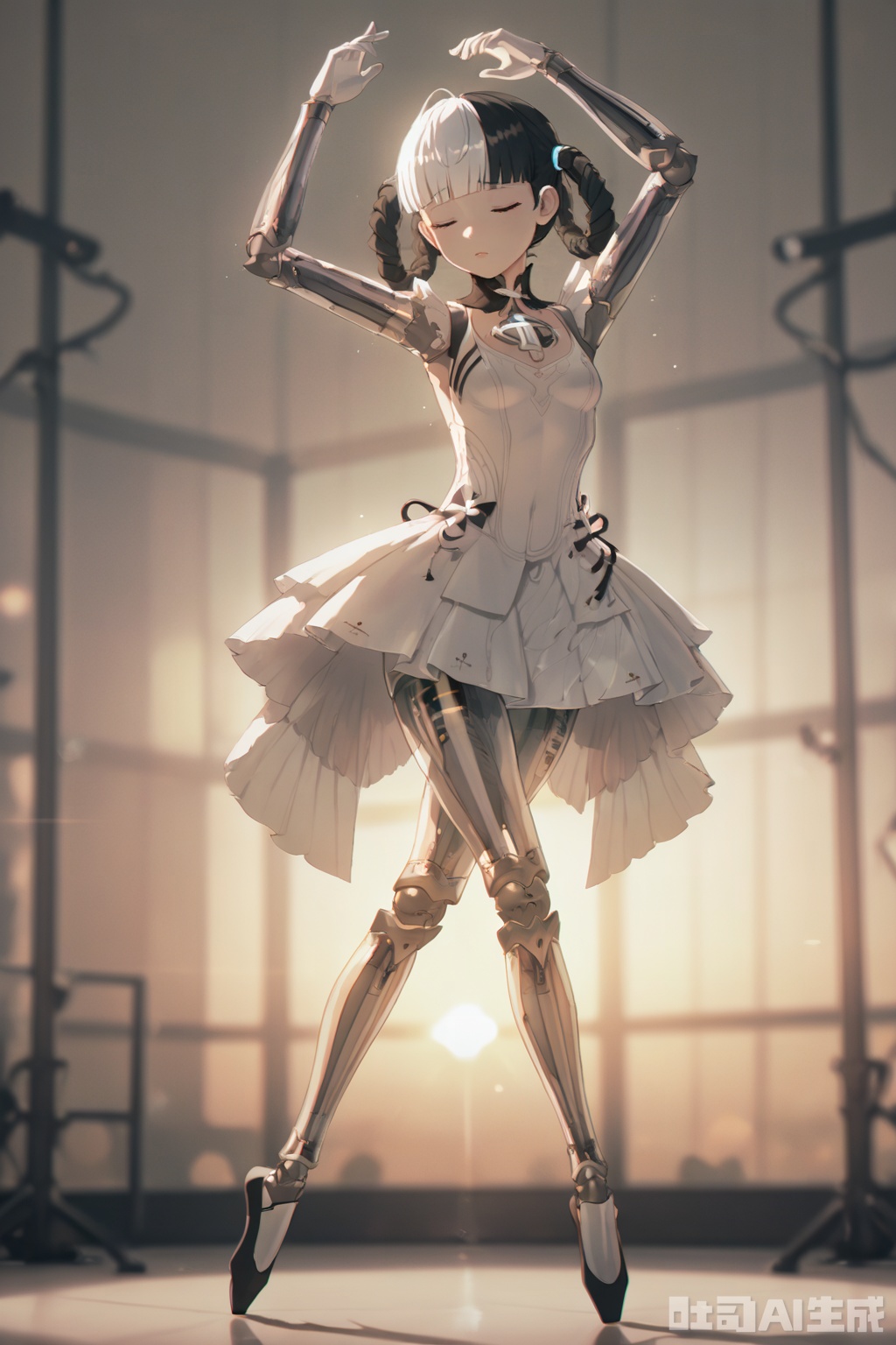 bangbi,1girl, solo, closed eyes,blunt bangs, black hair, gloves, dress, full body, braid, white hair, multicolored hair, gradient, gradient background, science fiction, android, joints, robot joints,, indoors, ballet, On the stage, a person dances, stage lights, dazzling dance postures,arms up,dynamic,dance practice,sunset light, elegant, charming,  see-throughs silhouettes,intoxicated,intoxicated expression,tiptoe,
depth of field,detailed light,blurry background,cinematic lighting,ray tracing,amazing quality,very aesthetic,absurdres,beast quality,ultra detailed,god rays,backlighting,photo background,film grain,chromatic aberration,volumetric lighting,depth of field,blurry background,shiny skin,cinematic lighting,day,very aesthetic,front view,cross legged,Half squat