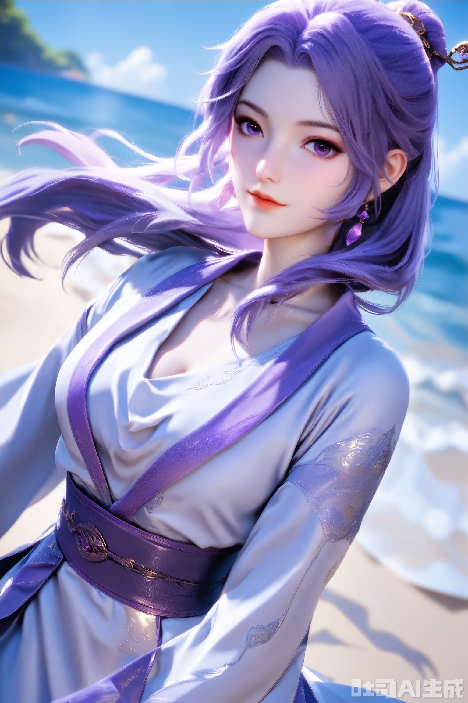 1girl, solo, score_9,score_8_up,long hair, hair ornament, long sleeves, dress, purple eyes,ponytail, purple hair, hair bun, white dress,  sash,The Purple Dress,upper body,looking at viewer,on the beach,on the beach,

