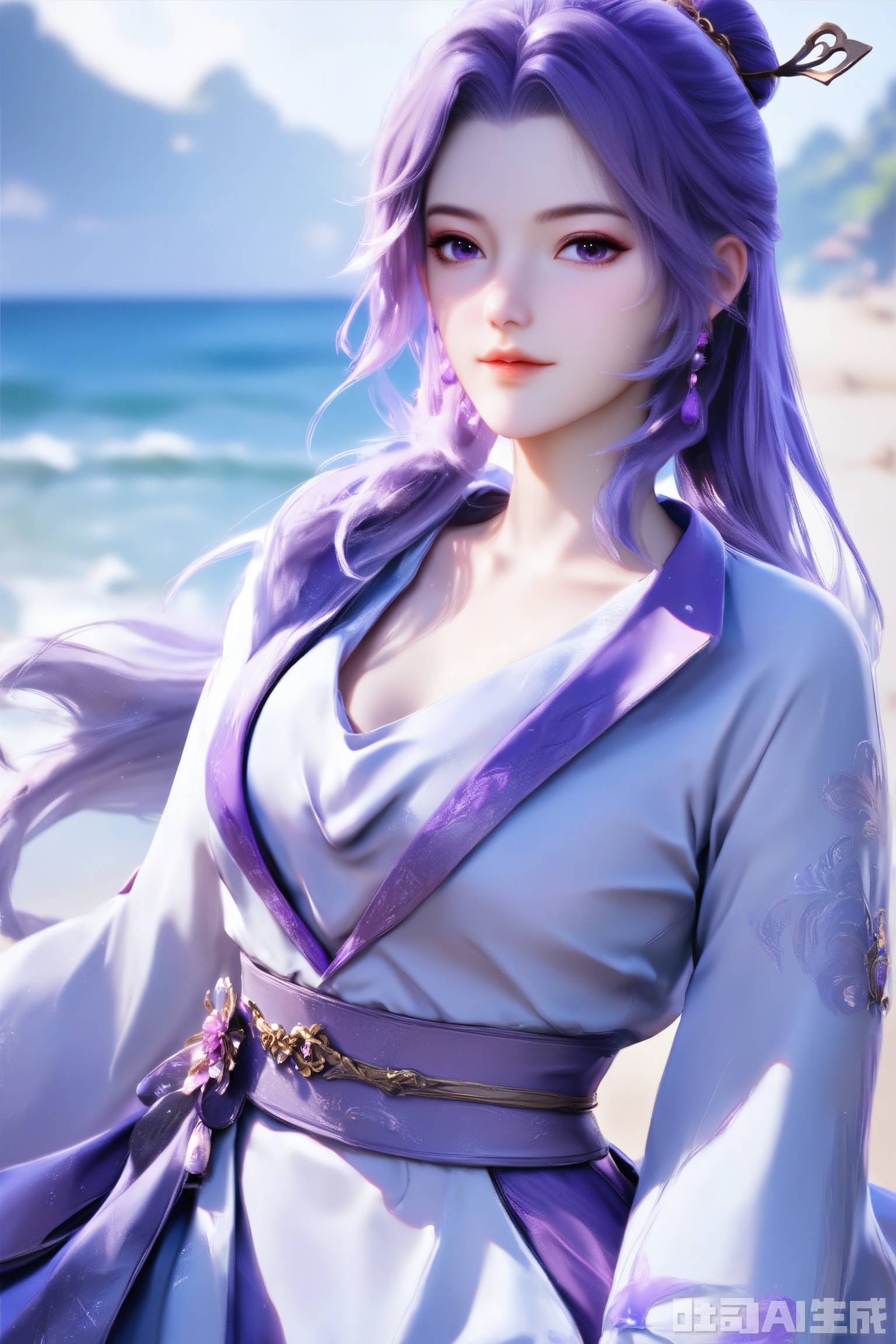 1girl, solo, score_9,score_8_up,long hair, hair ornament, long sleeves, dress, purple eyes,ponytail, purple hair, hair bun, white dress,  sash,The Purple Dress,upper body,looking at viewer,on the beach,on the beach,
