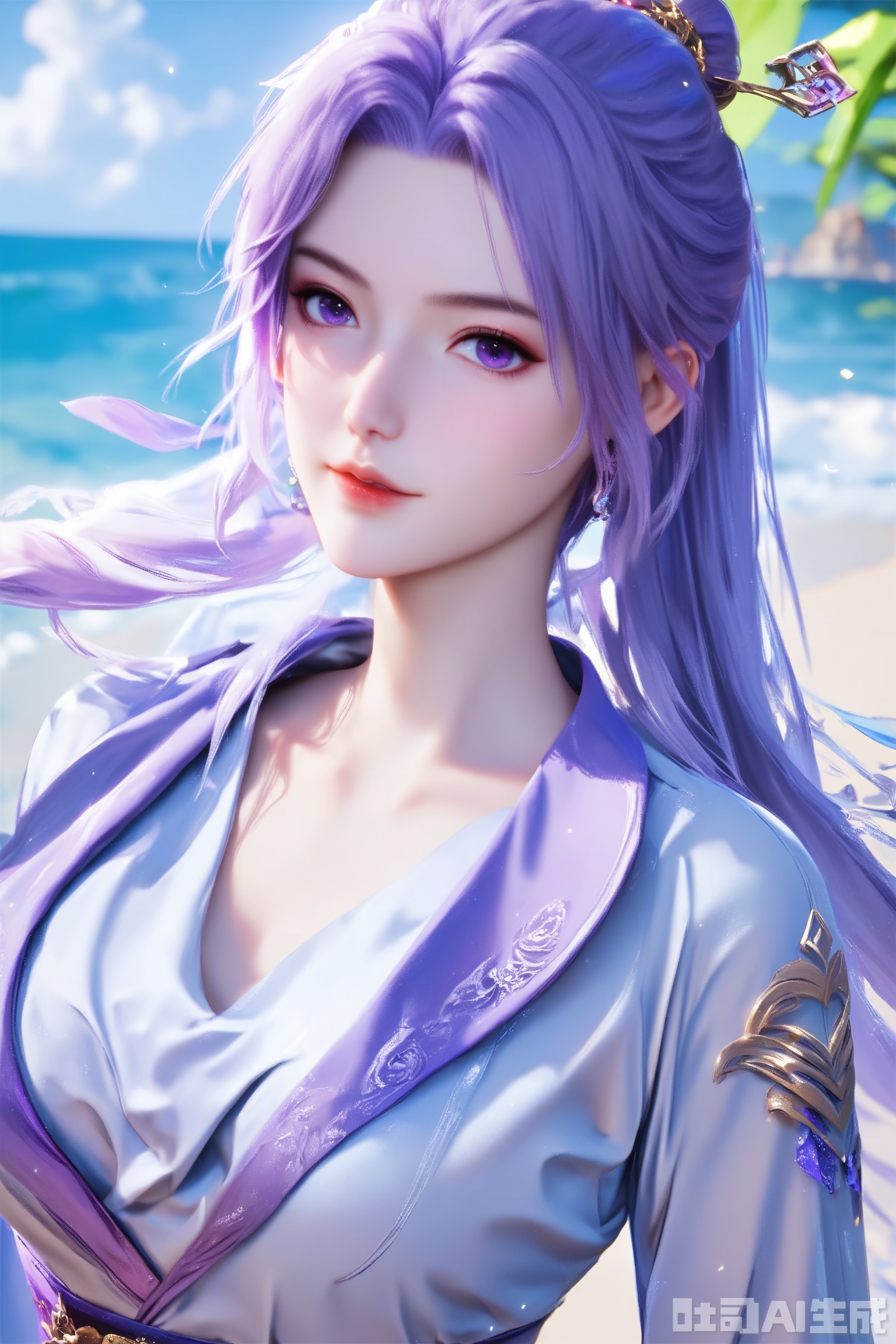 1girl, solo, score_9,score_8_up,long hair, hair ornament, long sleeves, dress, purple eyes,ponytail, purple hair, hair bun, white dress,  sash,The Purple Dress,upper body,looking at viewer,on the beach,on the beach,
